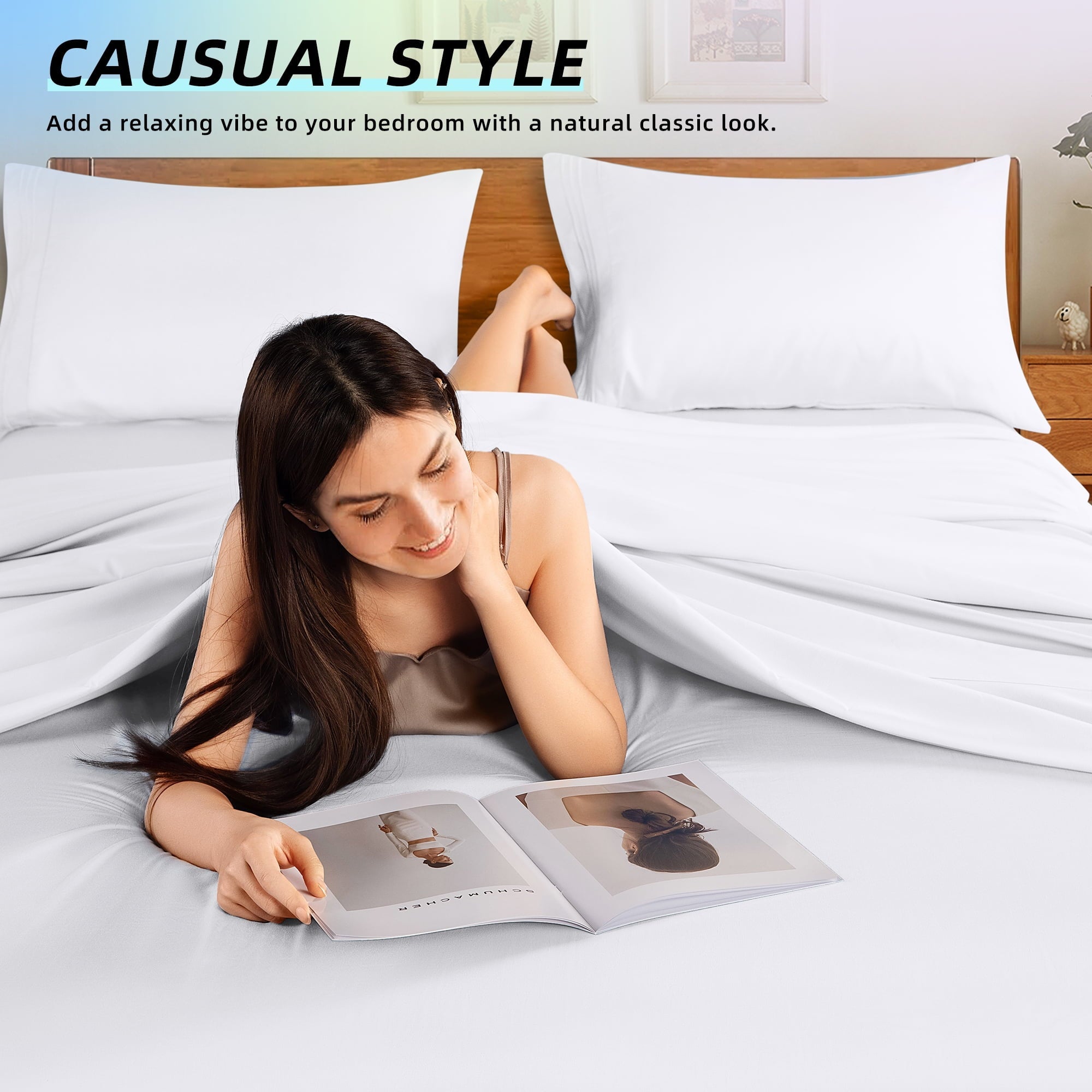 Premium Egyptian Cotton Bed Sheets Set, Microfiber Deep Pocket 4 Pieces Luxury Soft Sheet Set, Queen, White - Breathable Egyptian Cotton Flat & Fitted Sheets Detail