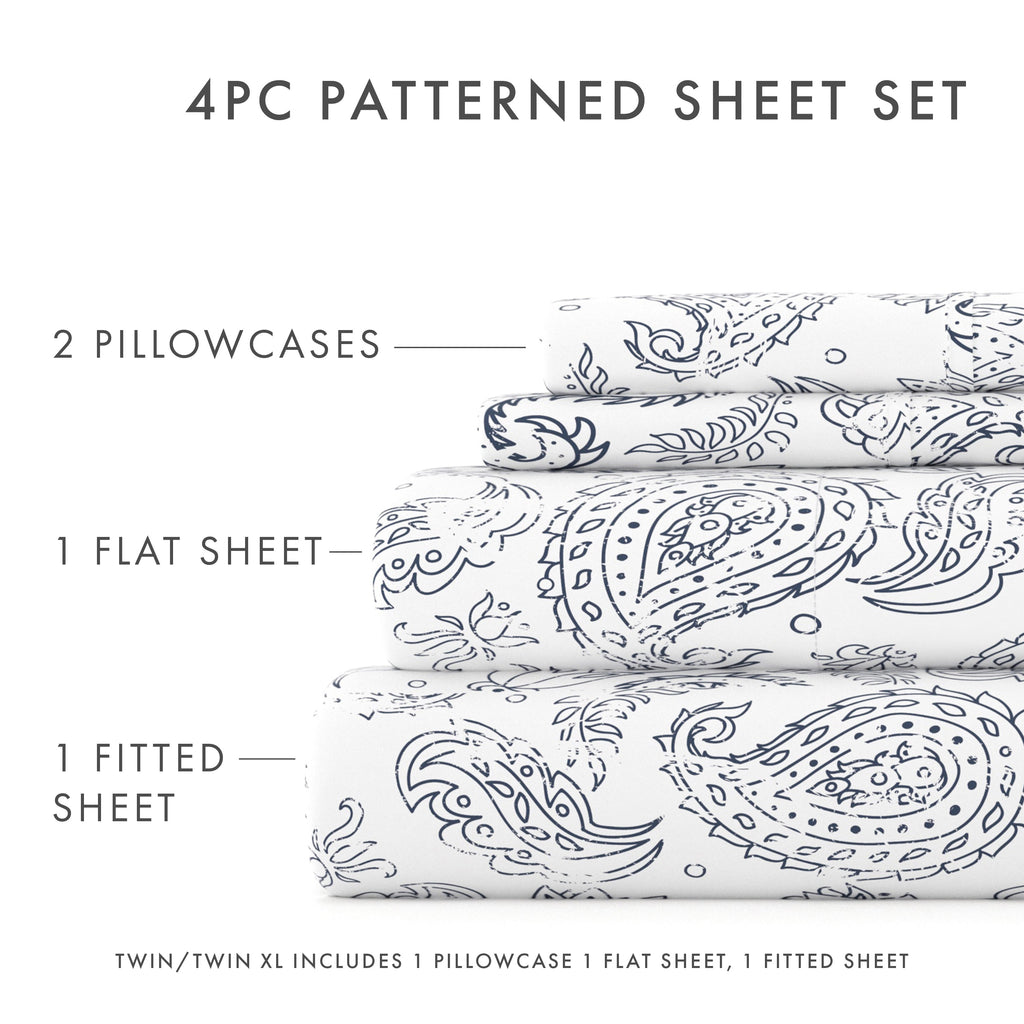 Ultra-Soft 4 Piece Pattern Microfiber Bed Sheets Set, Navy Coarse Paisley, Full - Luxury Bed Sheet Set with Deep Pockets Detail