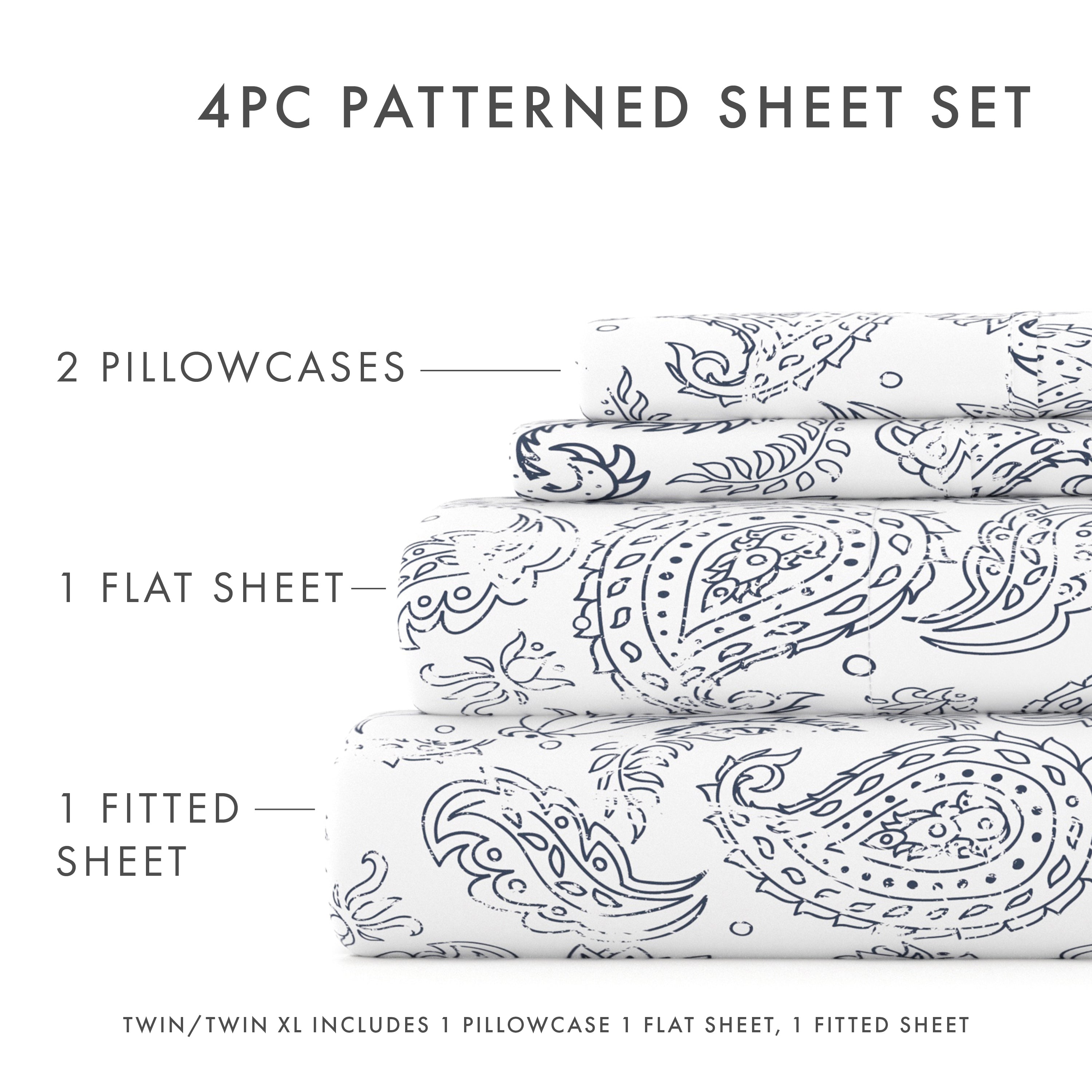 Ultra-Soft 4 Piece Pattern Microfiber Bed Sheets Set, Navy Coarse Paisley, Full - Luxury Bed Sheet Set with Deep Pockets Detail