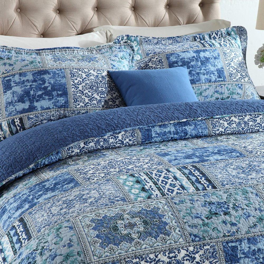 Fluffy Down Alternative Quilt Comforter Cotton Bedding Set With Shams, Vintage Blue, King - Hypoallergenic Ultra-Fluffy Quilt for Winter Detail