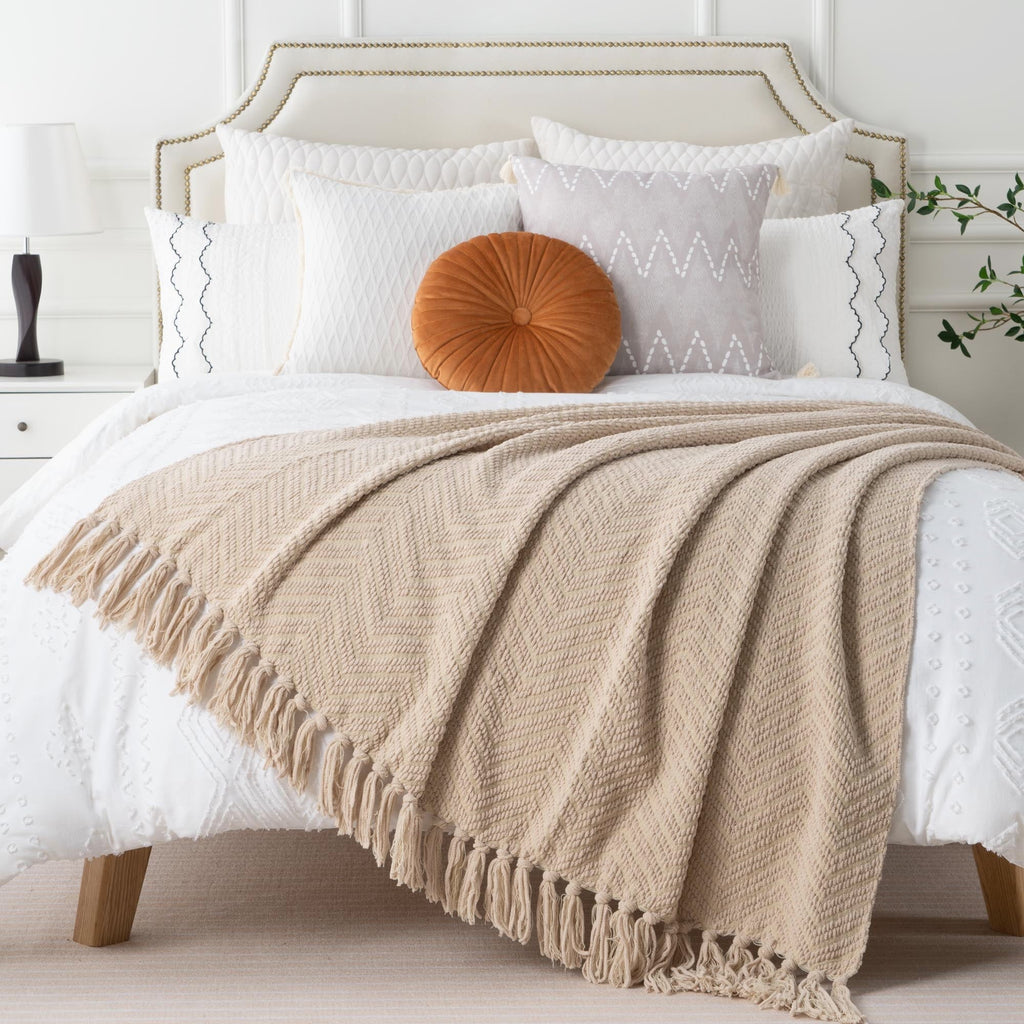 Cozy Fleece Beige Throw Blanket,Textured Knitted Tan Throws with Tassels,Neutral Sofa Bed Throws,50"x60" - Cozy Fleece Throw Blanket for Couch & Bed Detail