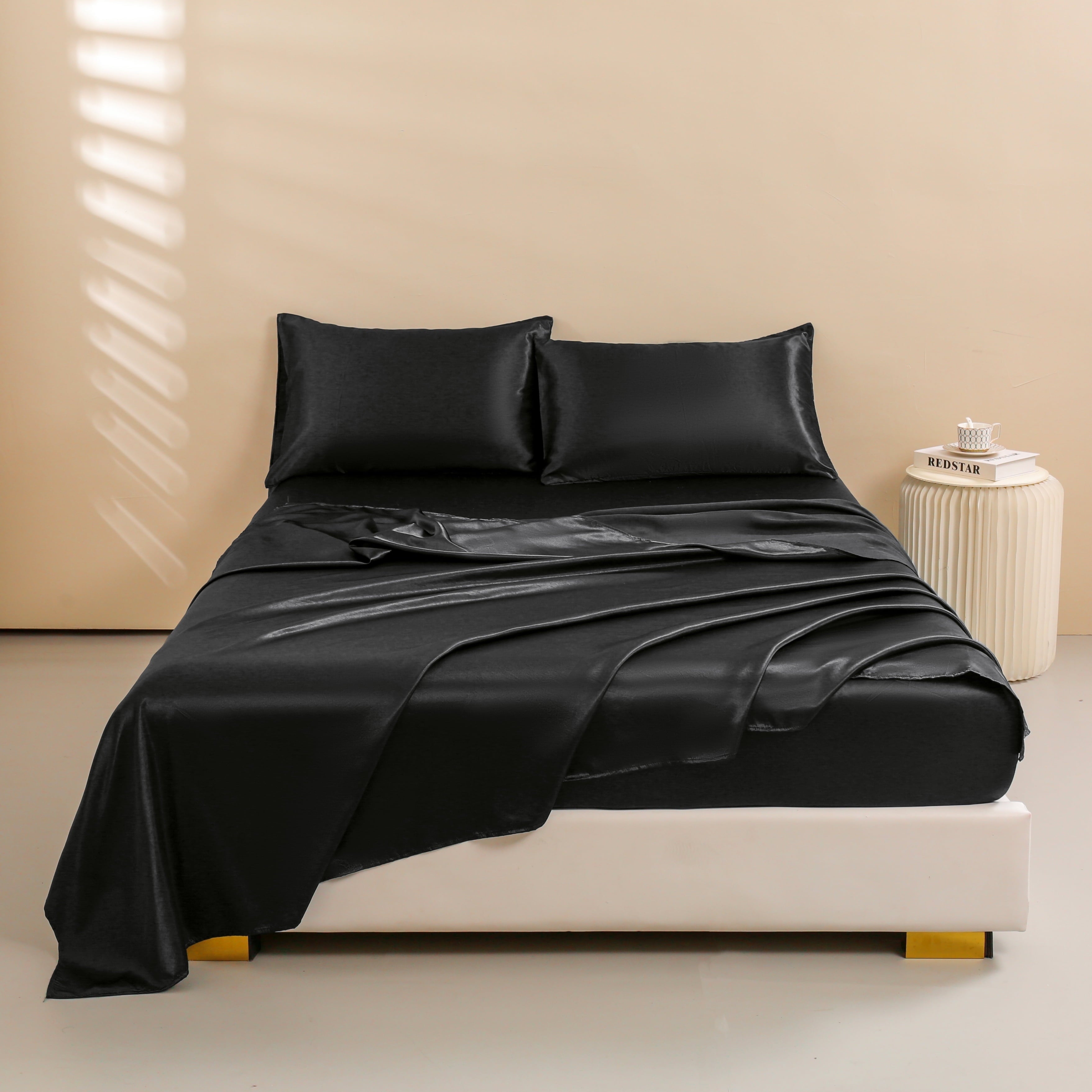 Premium Egyptian Cotton 4Pcs Black Satin Sheets Queen Set Silk Sheets 13" Deep Pocket Ultra Soft silky Bed Sheet Set - Breathable Egyptian Cotton Flat & Fitted Sheets Detail