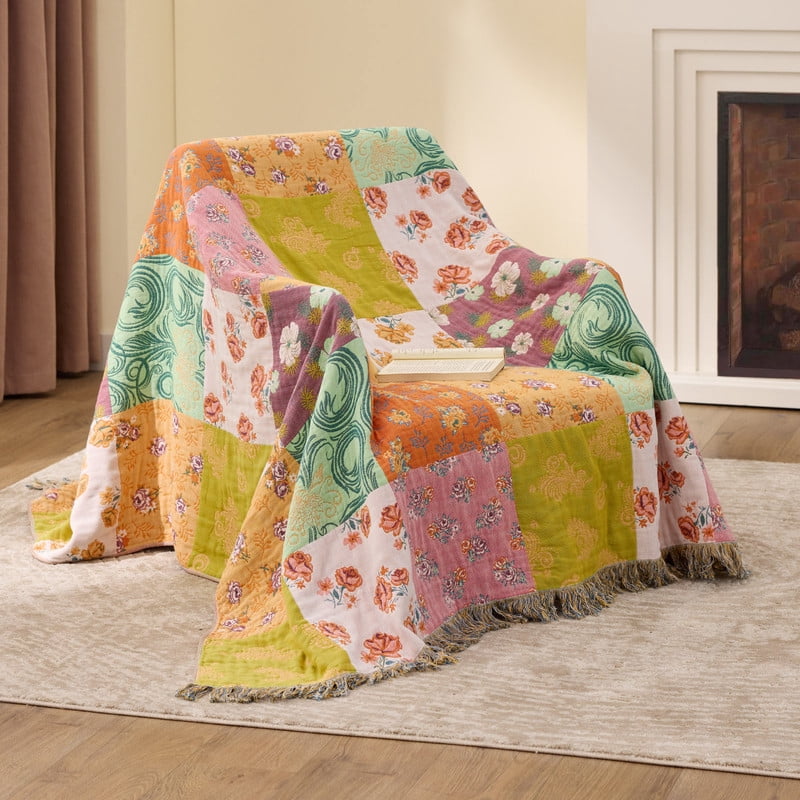 Decorative Knitted 100% Cotton Boho Blankets for Home Decor – Colorful Patchwork Reversible Farmhouse Quilt Bedding, Vintage Woven Decor... - Super Soft Reversible Sherpa Flannel Blanket Detail
