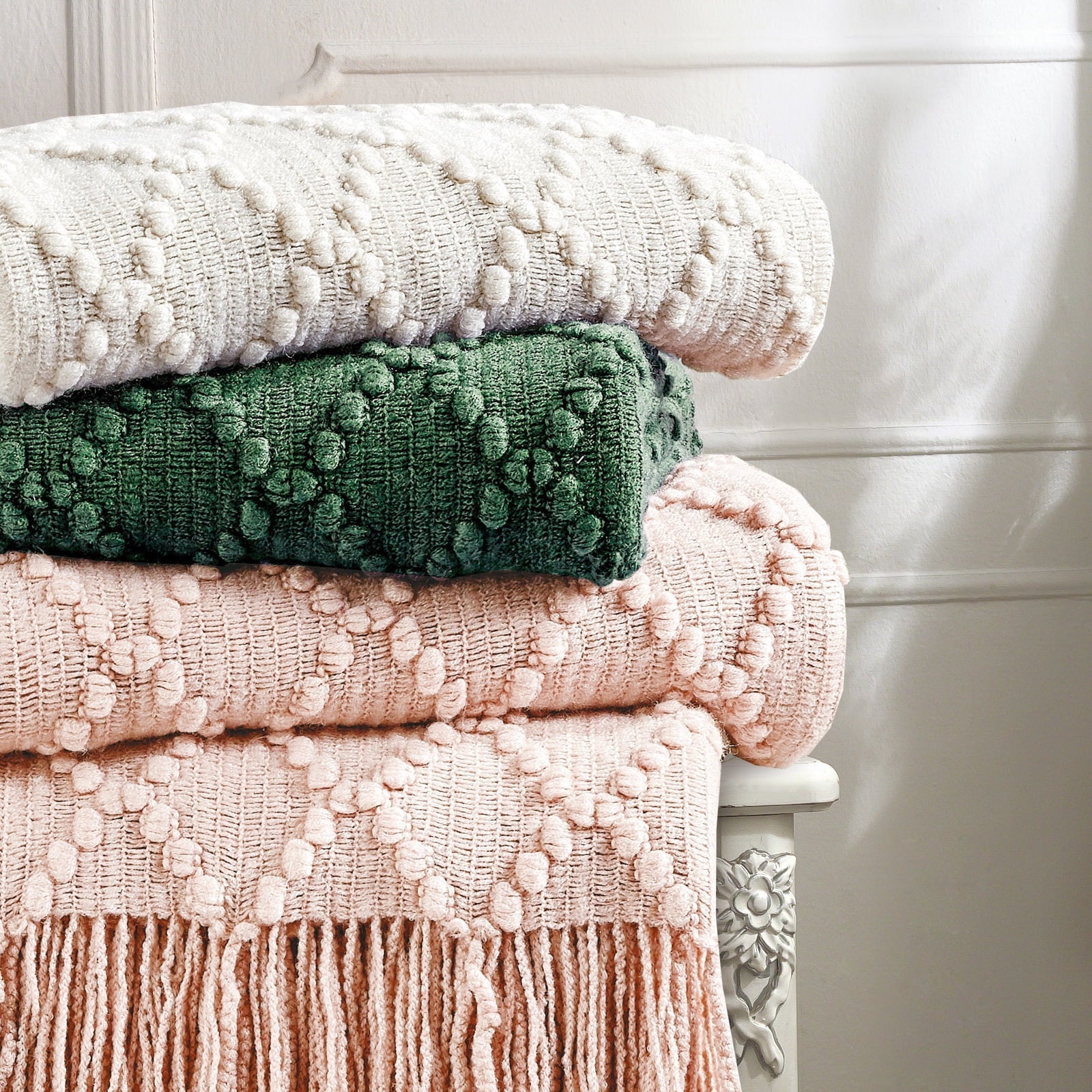 Super Soft Flannel Texture Pure Color Soft Throw Blanket and Sofa Or Bed Knitted Decorative Blanket 50 x70 inches Jacquard Diamond Beige... - Luxury Knitted Decorative Throw Blanket with Fringes Detail
