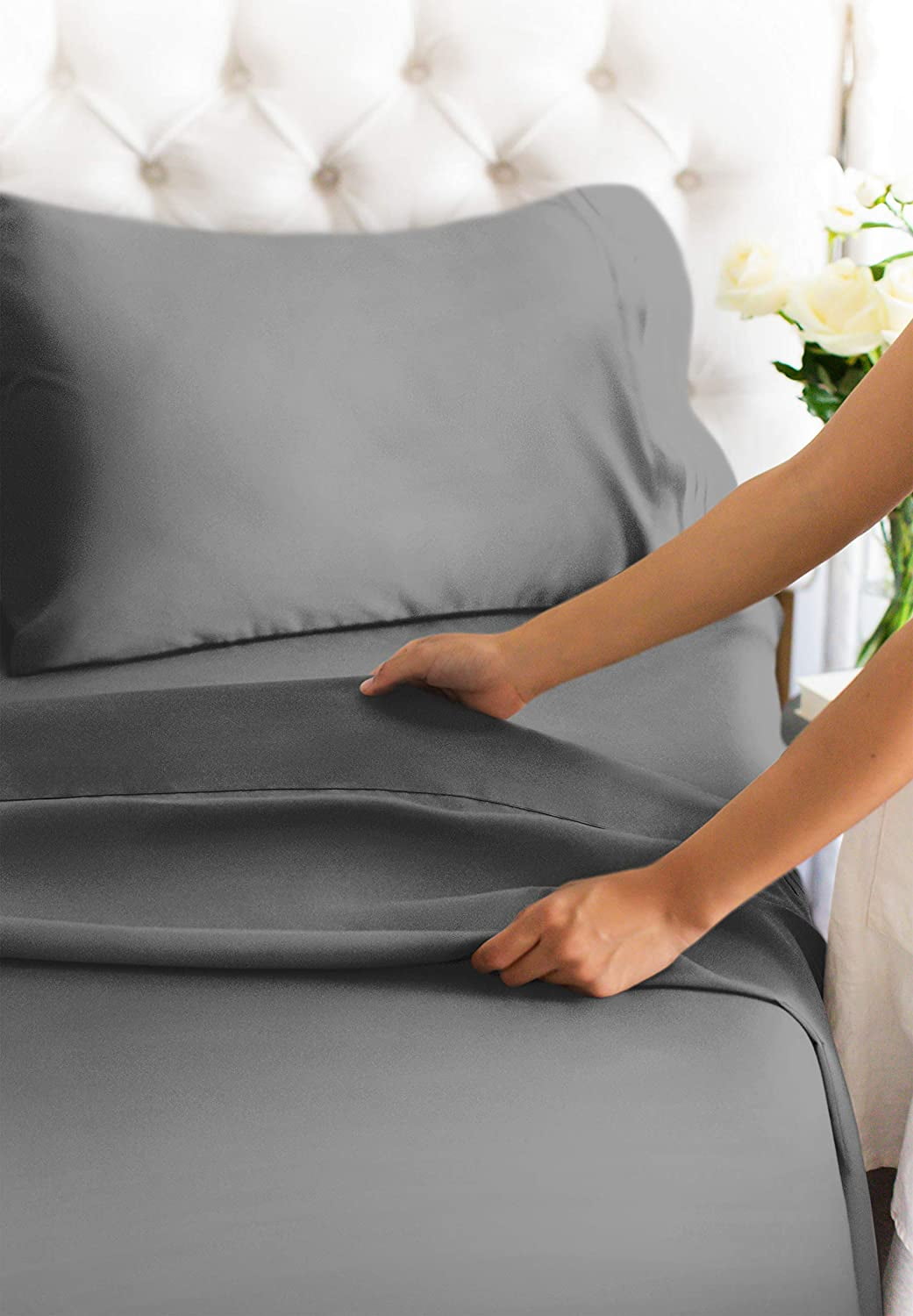 Cooling Sateen 4-Piece Extra Deep Pocket Sheet Set - Full Size Breathable & Cooling Bed Sheets Fits 18"-24" Mattresses, Gray - Cooling Hotel Quality Bedding Sheets and Pillowcases Detail