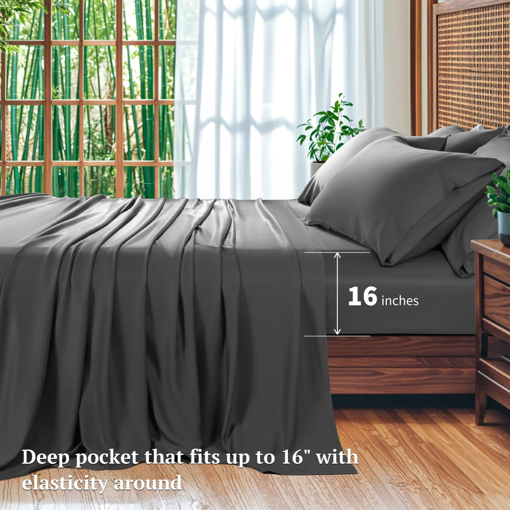 Premium Egyptian Cotton 6 Pieces Bamboo Bed Sheets Set, Luxury Rayon Derived - Deep Pockets - Wrinkle Free - Extremely Soft, Queen, Dark Gray - Breathable Egyptian Cotton Flat & Fitted Sheets Detail