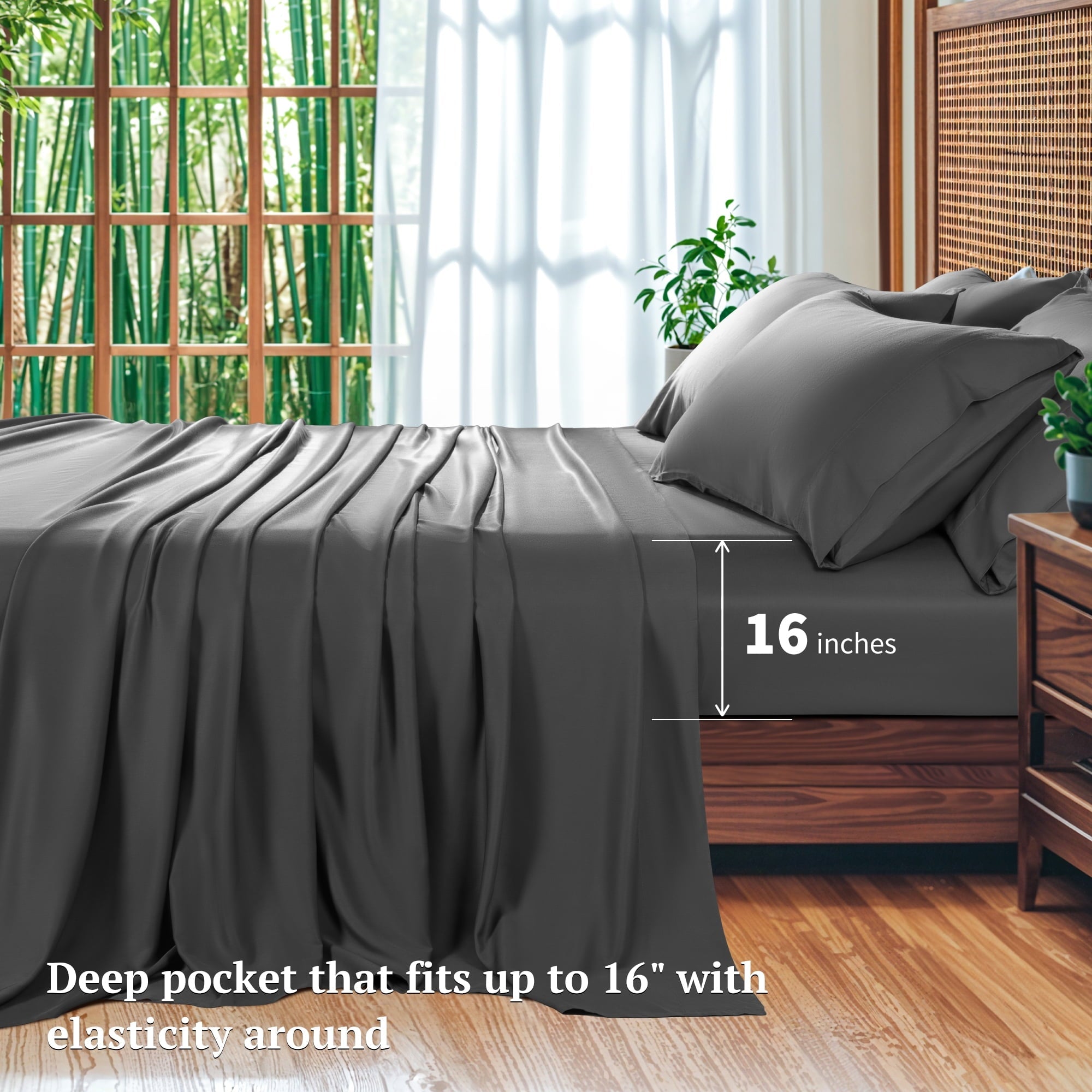 Premium Egyptian Cotton 6 Pieces Bamboo Bed Sheets Set, Luxury Rayon Derived - Deep Pockets - Wrinkle Free - Extremely Soft, Queen, Dark Gray - Breathable Egyptian Cotton Flat & Fitted Sheets Detail