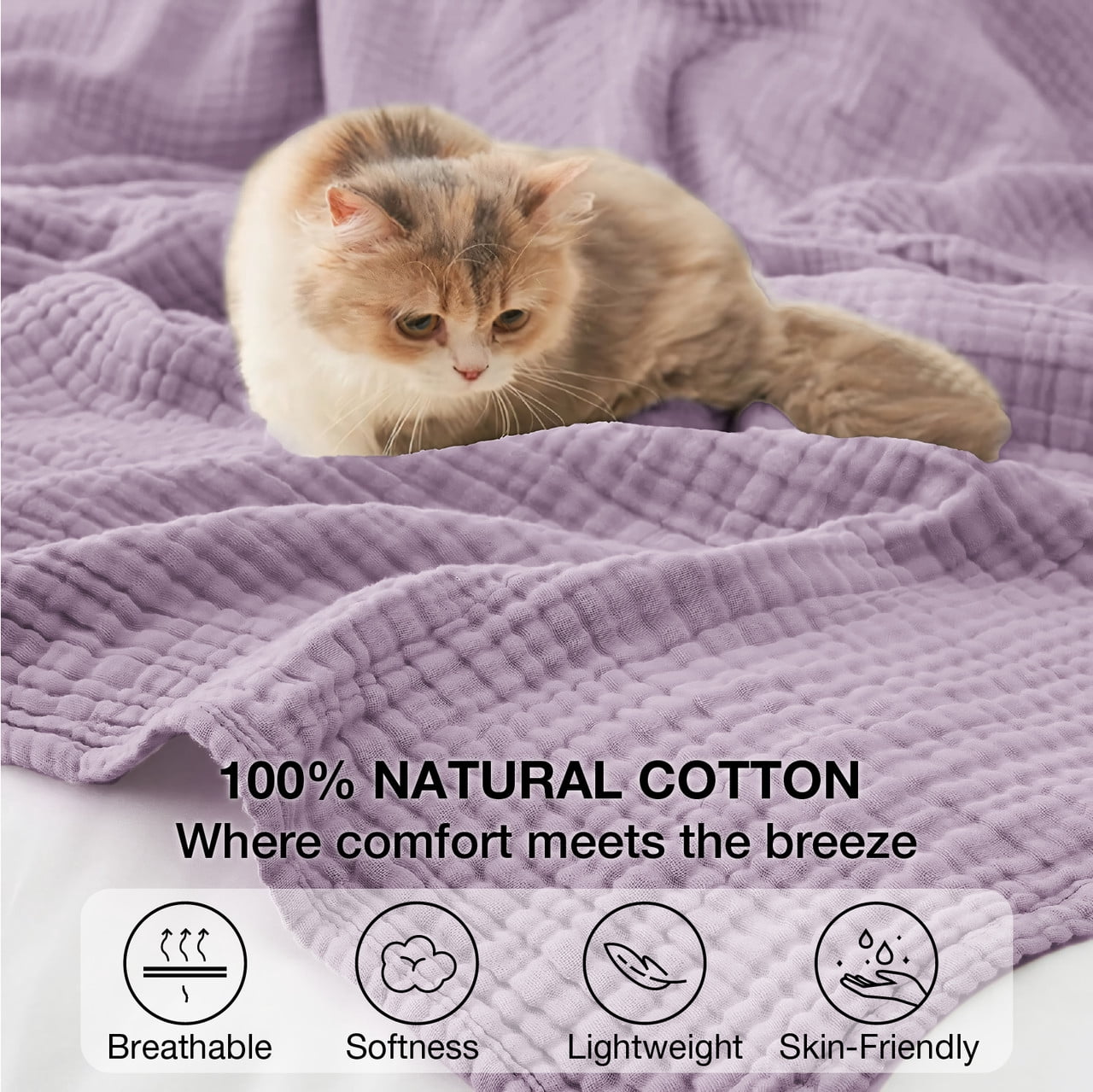 Cozy Fleece 100% Cotton Muslin Blanket Large 50" x 70", 6 Layers Lightweight and Breathable Throw Blankets for Couch, Soft Coolin... - Cozy Fleece Throw Blanket for Couch & Bed Detail