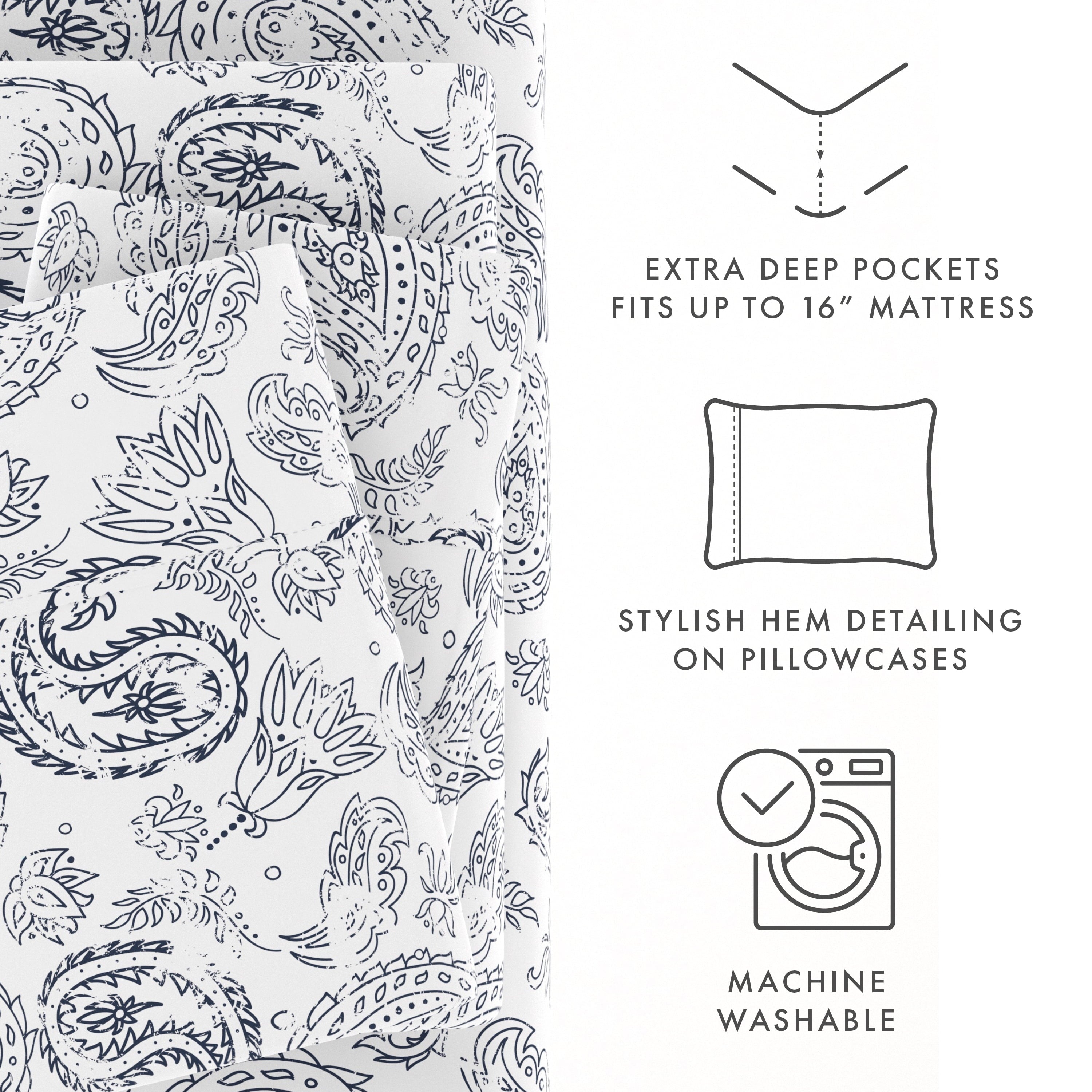 Ultra-Soft 4 Piece Pattern Microfiber Bed Sheets Set, Navy Coarse Paisley, Full - Luxury Bed Sheet Set with Deep Pockets Detail