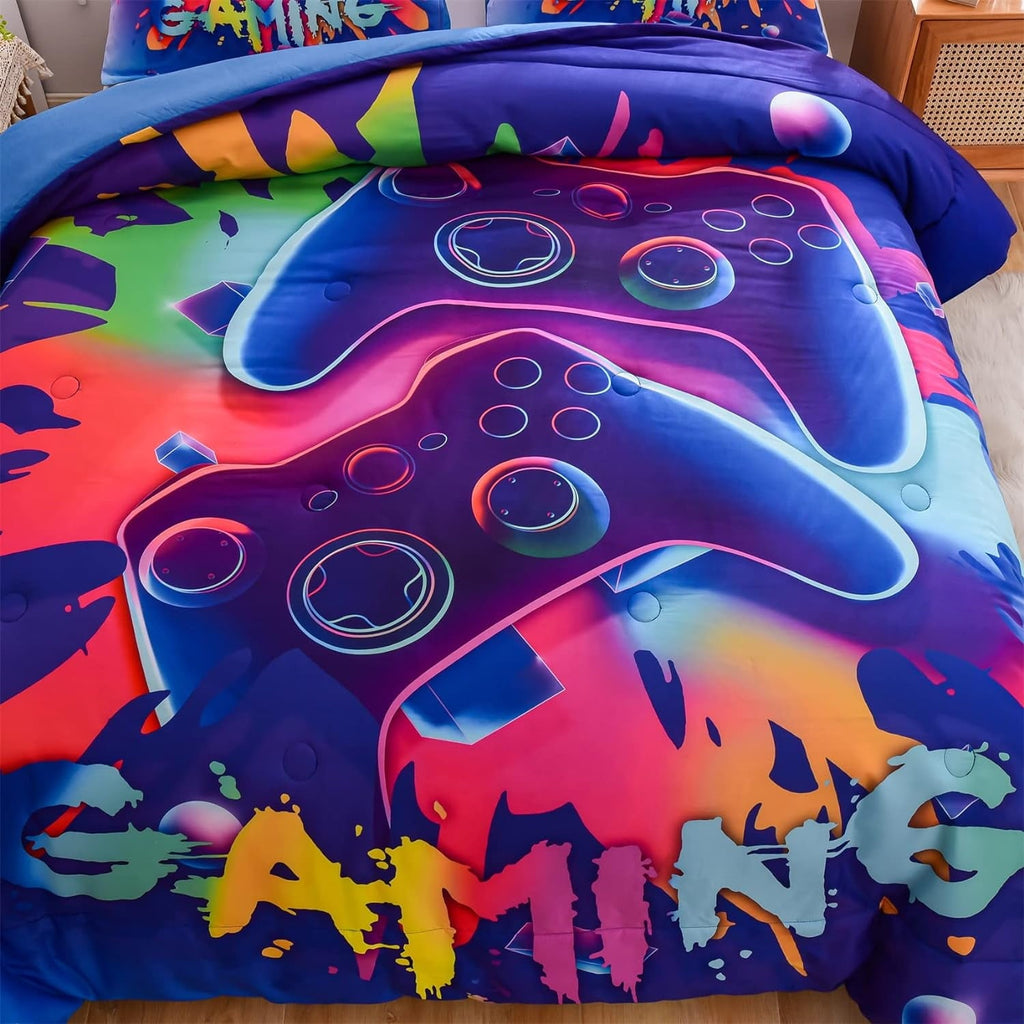 All-Season Purple Queen Gaming Comforter Sets for Boys Kids Bedding Sets Colorful Games Console Gamer Quilt Set - Hypoallergenic Ultra-Fluffy Quilt for Winter Detail