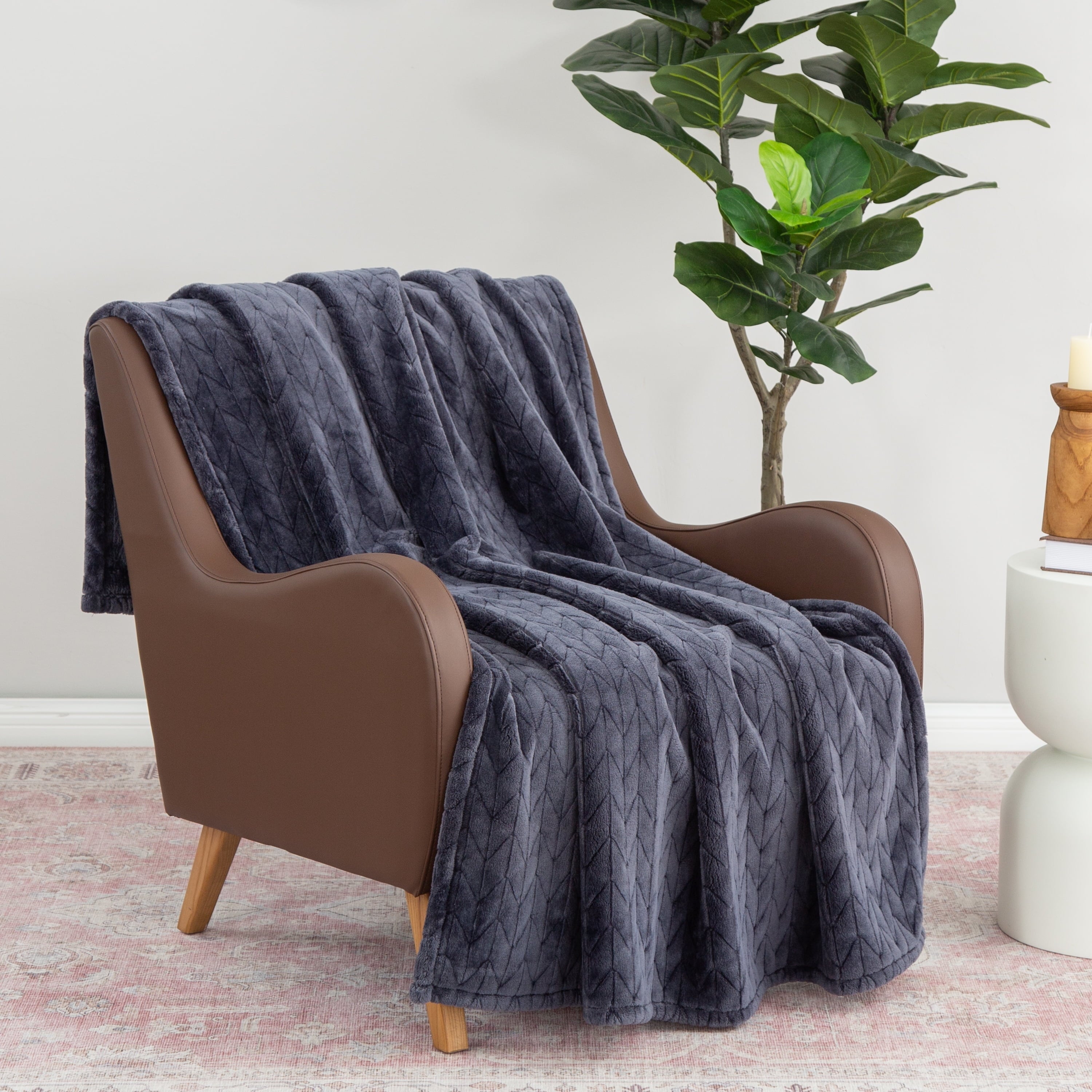 Lightweight Warm Textured Velvet Plush Soft Fleece Throw Blanket, Oversized, Greystone - Lightweight Plush Warm Blanket for All Seasons Detail