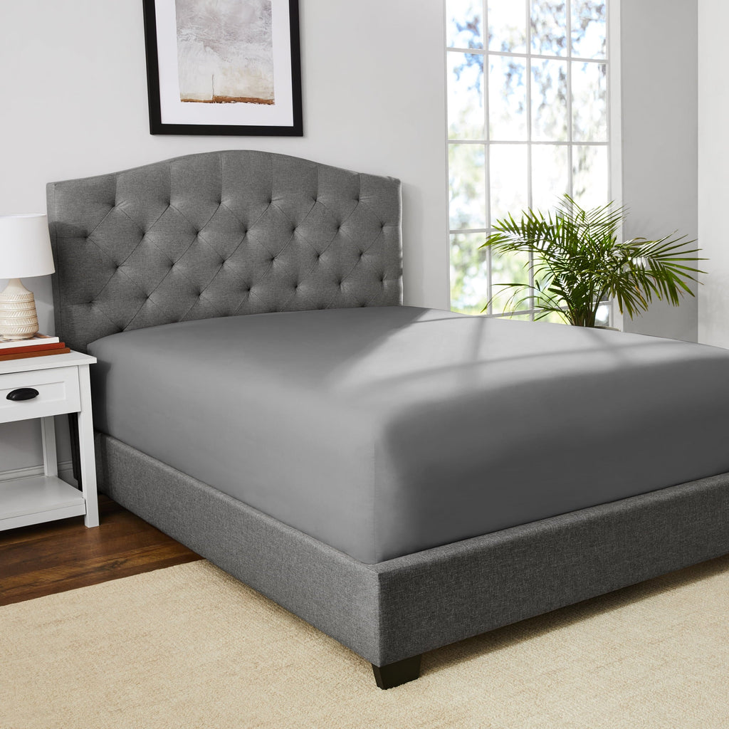 Premium Egyptian Cotton Easy Care 300 Thread Count Solid Soothing-Gray CVC Cotton Blend Fitted Sheet, King (Adult) - Breathable Egyptian Cotton Flat & Fitted Sheets Detail