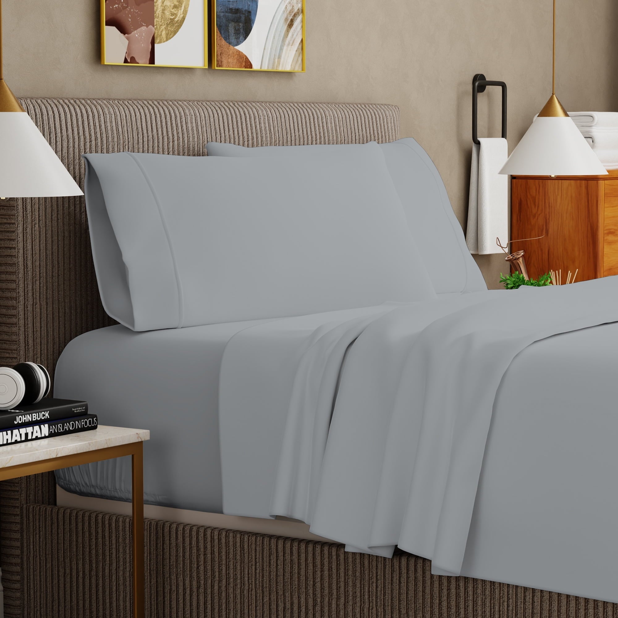 Premium Egyptian Cotton Soft Finish Microfiber Percale Queen Bed Sheet Set – 4-Piece Lightweight, Wrinkle-Resistant, Quick-Dry, Light Gray - Cooling Hotel Quality Bedding Sheets and Pillowcases Detail