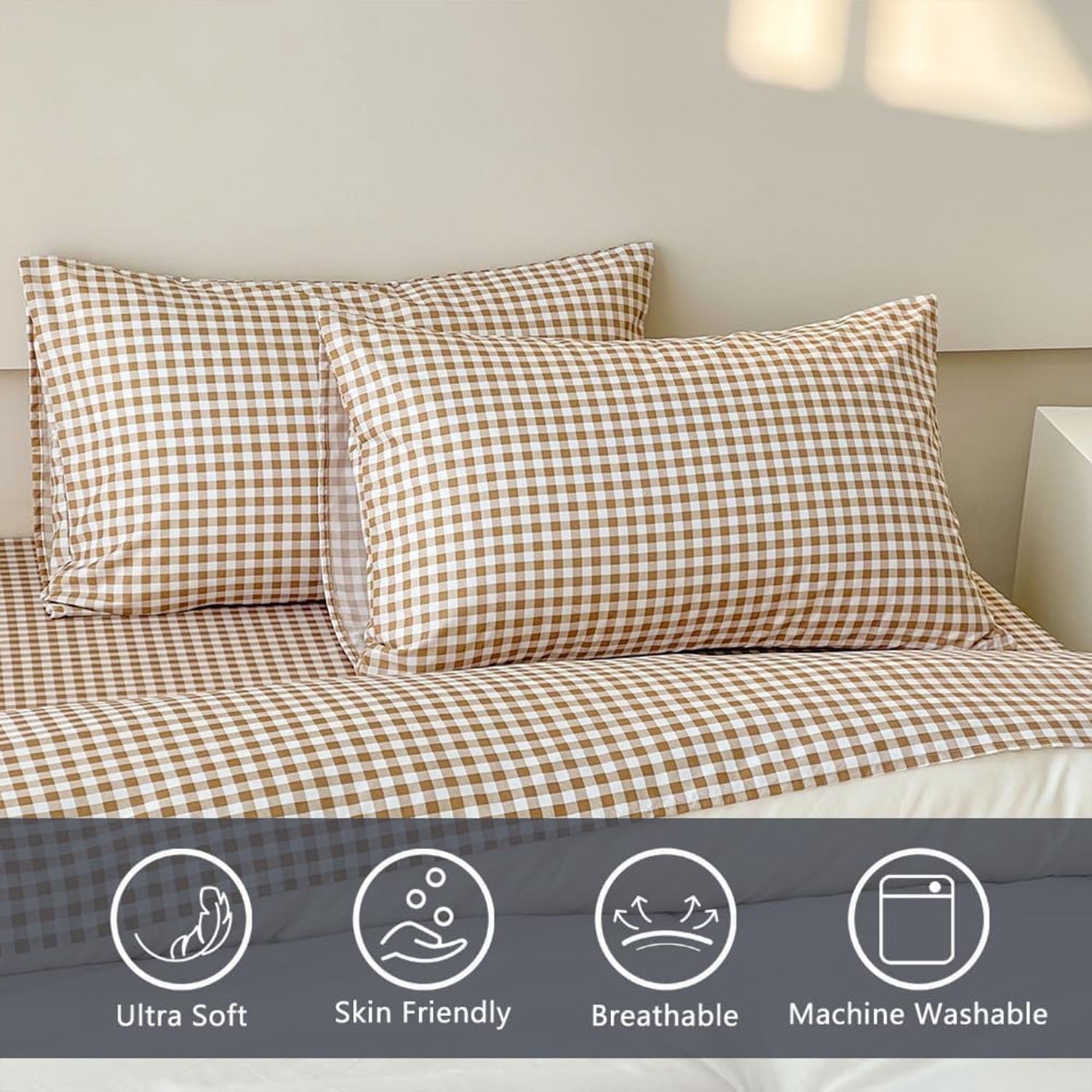 Cooling Sateen Sheet Set, Soft Brushed Microfiber Taupe Plaid Sheets, 4-Piece Brown Grid Set with Deep Pocket - Breathable Egyptian Cotton Flat & Fitted Sheets Detail