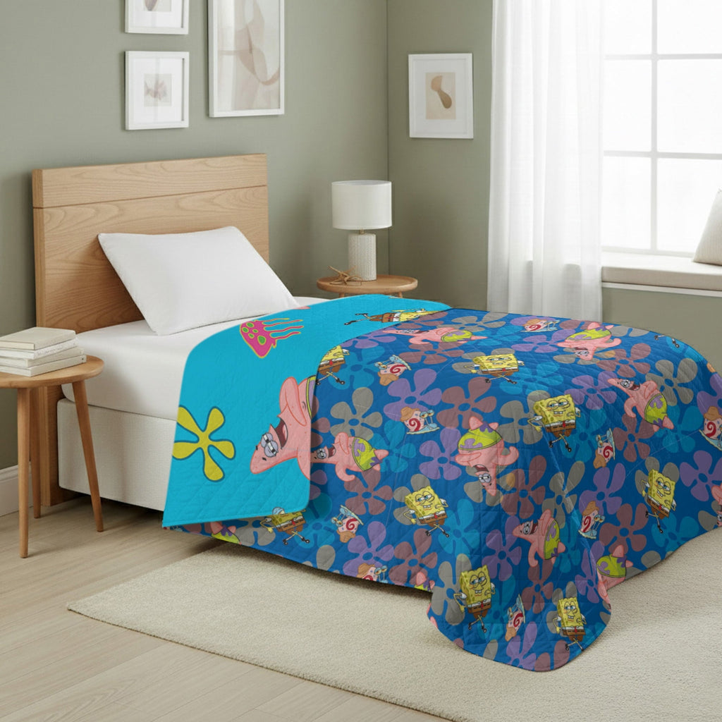 Cozy Fleece Spongebob Tropical Waltz Quilted Throw Blanket 60x80 inches, Kids Character Bedding - Super Soft Reversible Sherpa Flannel Blanket Detail