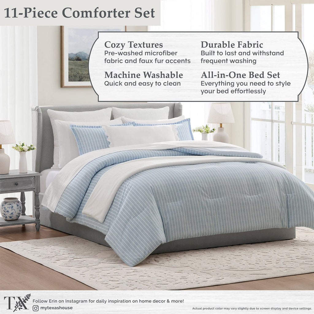 All-Season Stripe 11-Piece Comforter Set with Sheets, Blue, Queen - Luxurious Quilted Duvet Cover Set Detail