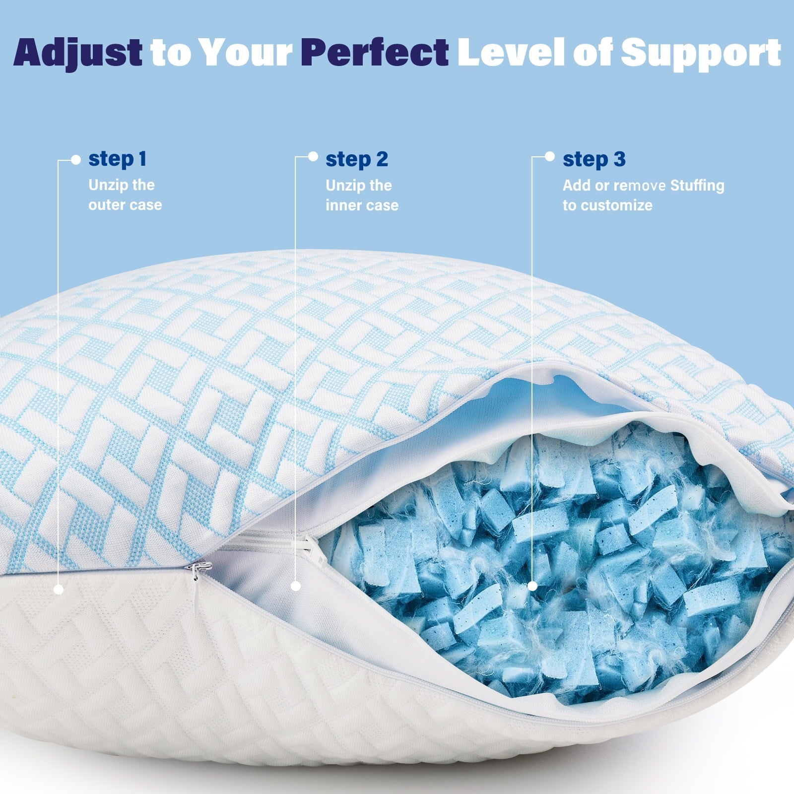 Ergonomic Memory Foam Cooling Bed Pillows for Sleeping Shredded Memory Foam Pillows Queen Size Set of 2 Pack - Orthopedic Shredded Foam Bed Pillow Set Detail