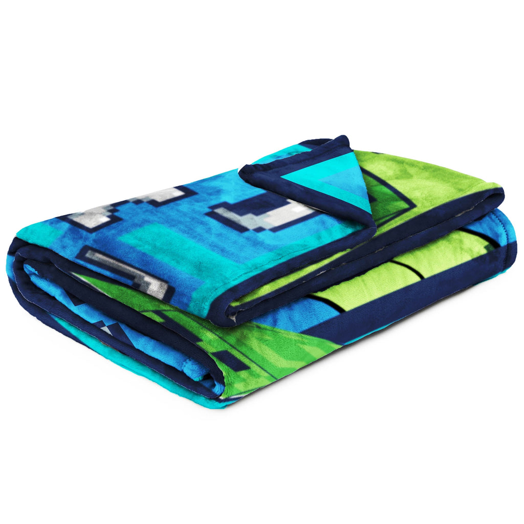 Super Soft Flannel Minecraft Kids Twin/Full Blanket, 62 x 90, Microfiber, Green and Blue - Luxury Knitted Decorative Throw Blanket with Fringes Detail