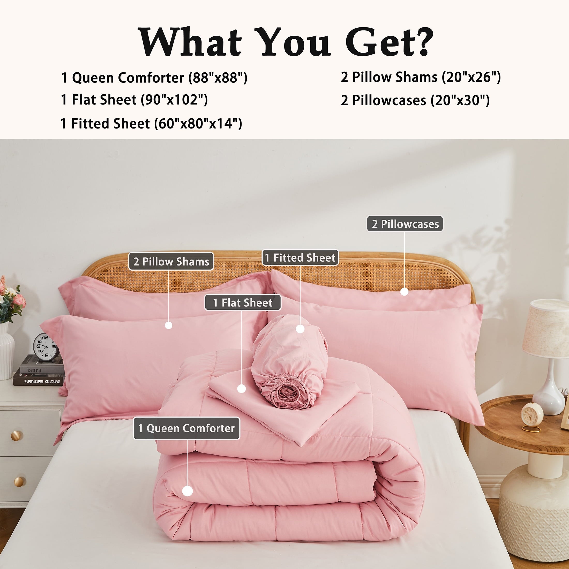Fluffy Down Alternative 7-Piece Queen Size Comforter Set,Pink Reversible Bed in a Bag,All Season Solid Bedding Set with Sheets,Pillowcases & ... - All-Season Down Alternative Comforter Insert Detail