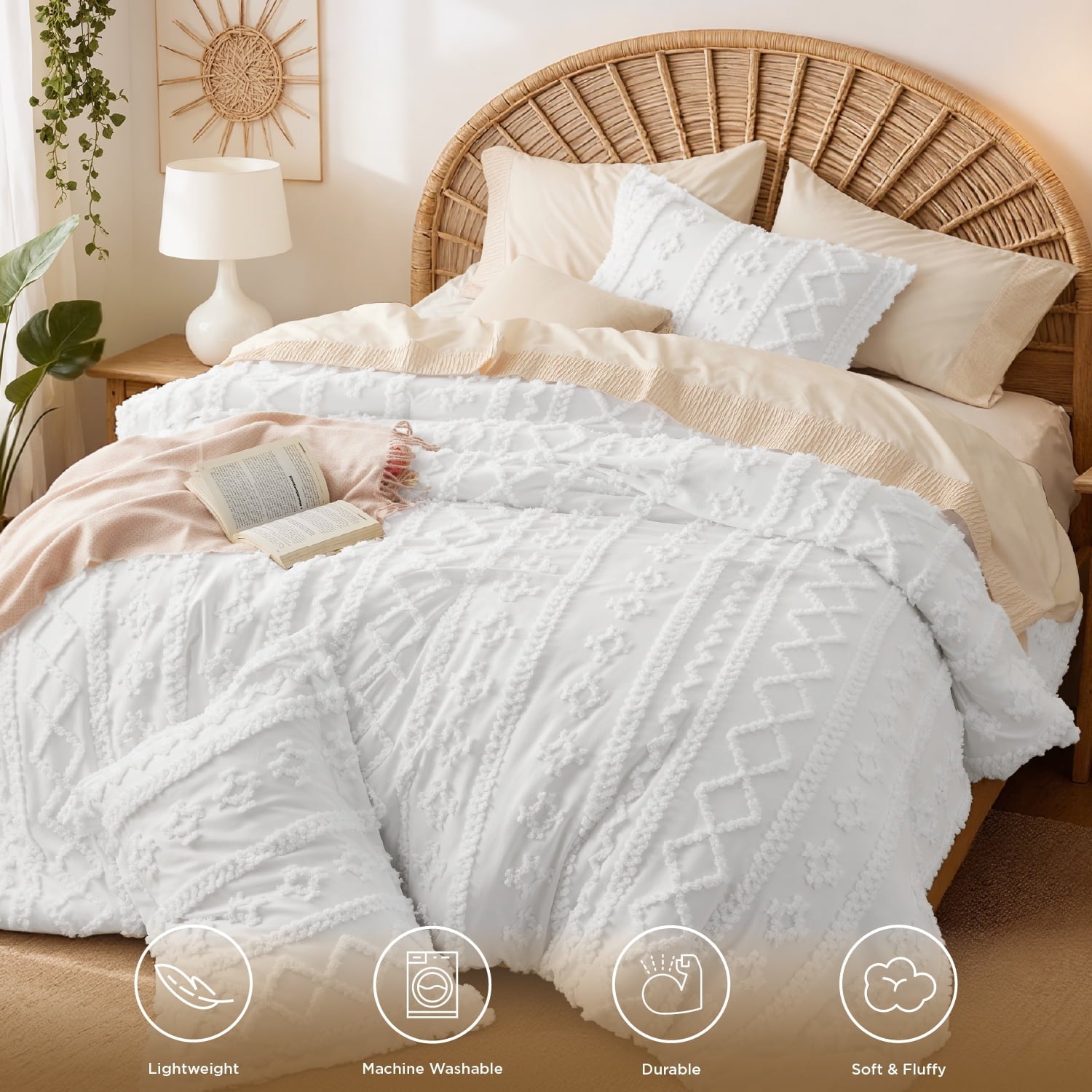 Heavyweight Warmth Tufted Boho Comforter Set, 2 Pieces Farmhouse Shabby Chic Embroidery Bed Set, Soft Jacquard Comforter for All Seasons... - All-Season Down Alternative Comforter Insert Detail