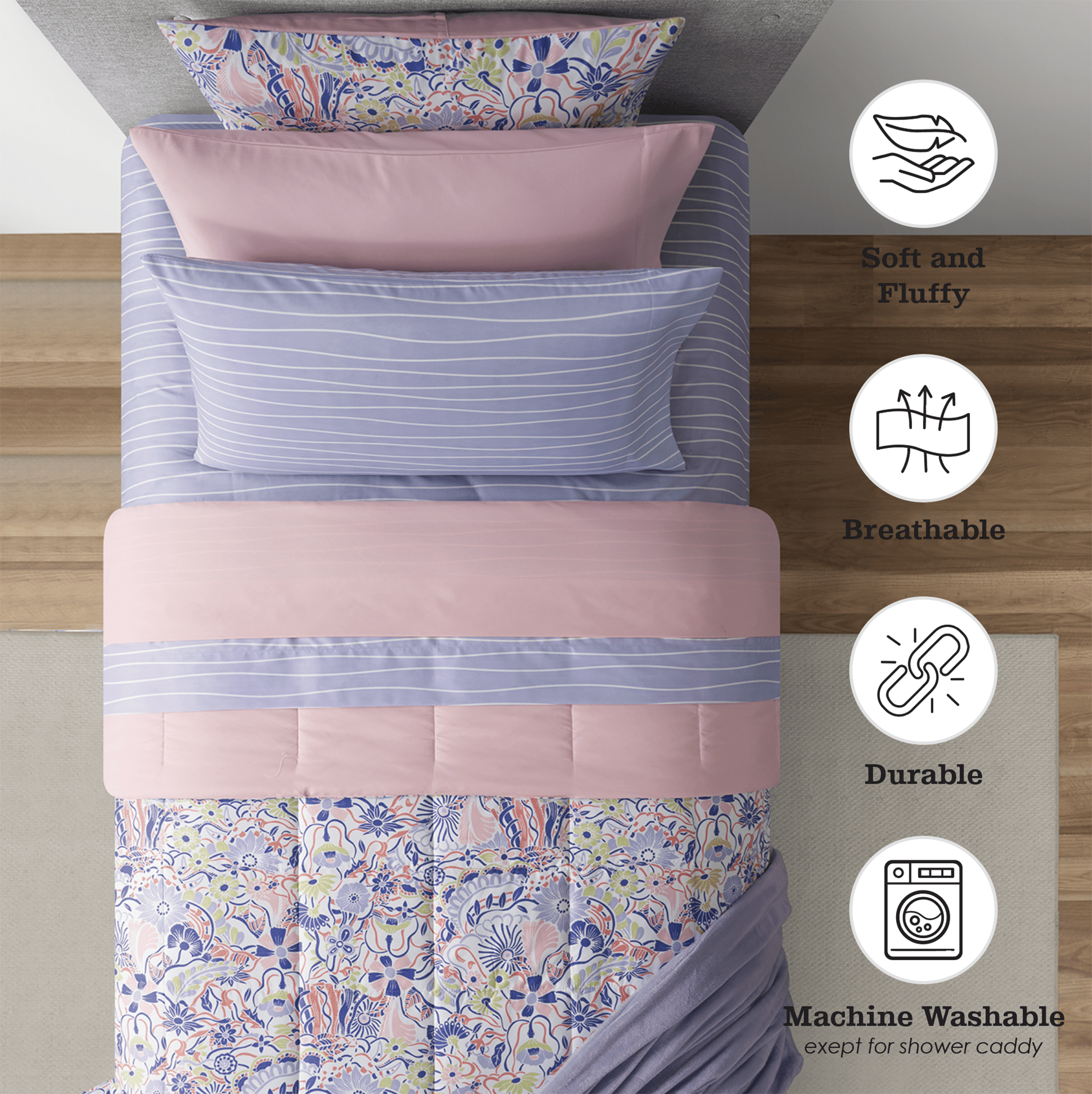 All-Season 14pc College Dorm Essentials Bundle, Twin-XL, Reversible Bed in a Bag Comforter Set, Purple Floral - Luxurious Quilted Duvet Cover Set Detail