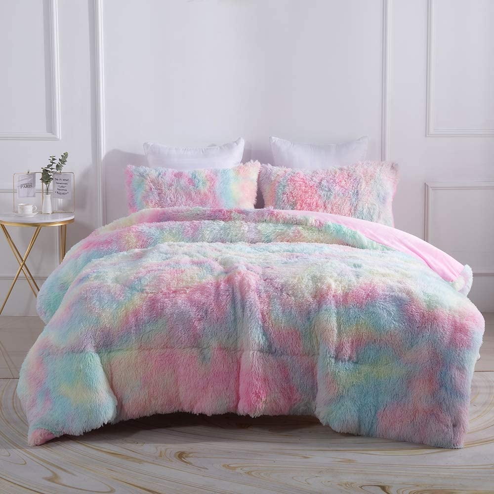 Fluffy Down Alternative Plush Shaggy Comforter Set Fluffy Fuzzy Faux Fur Bedding Set - Microfiber Soft Warm Quilt Set(Rainbow Pink,Queen Size) - Luxurious Quilted Duvet Cover Set Detail
