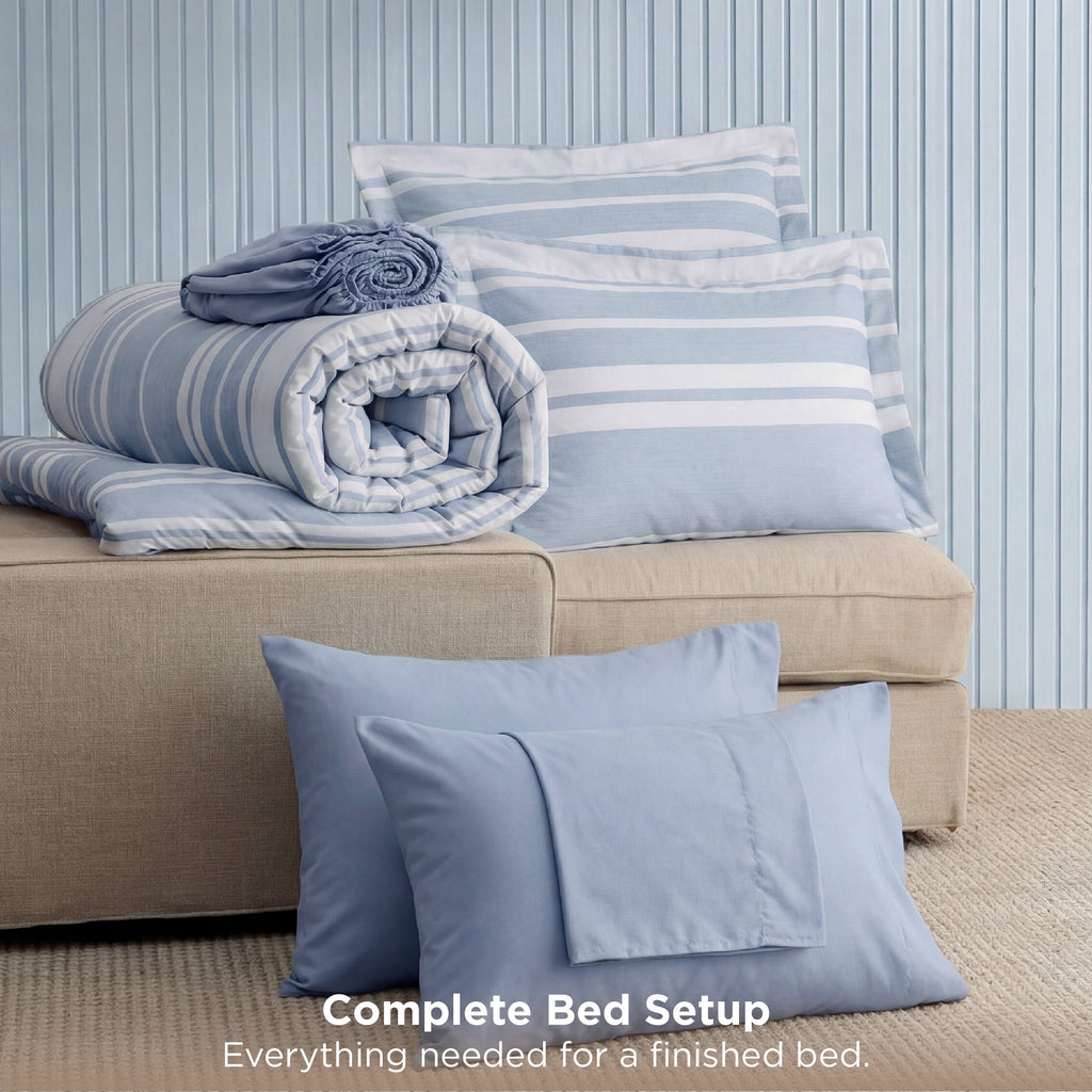 Fluffy Down Alternative Queen Comforter Set Blue, Bed in a Bag Queen Size Bedding 7-Pieces, Striped Bedding Set for All Seasons - Luxurious Quilted Duvet Cover Set Detail