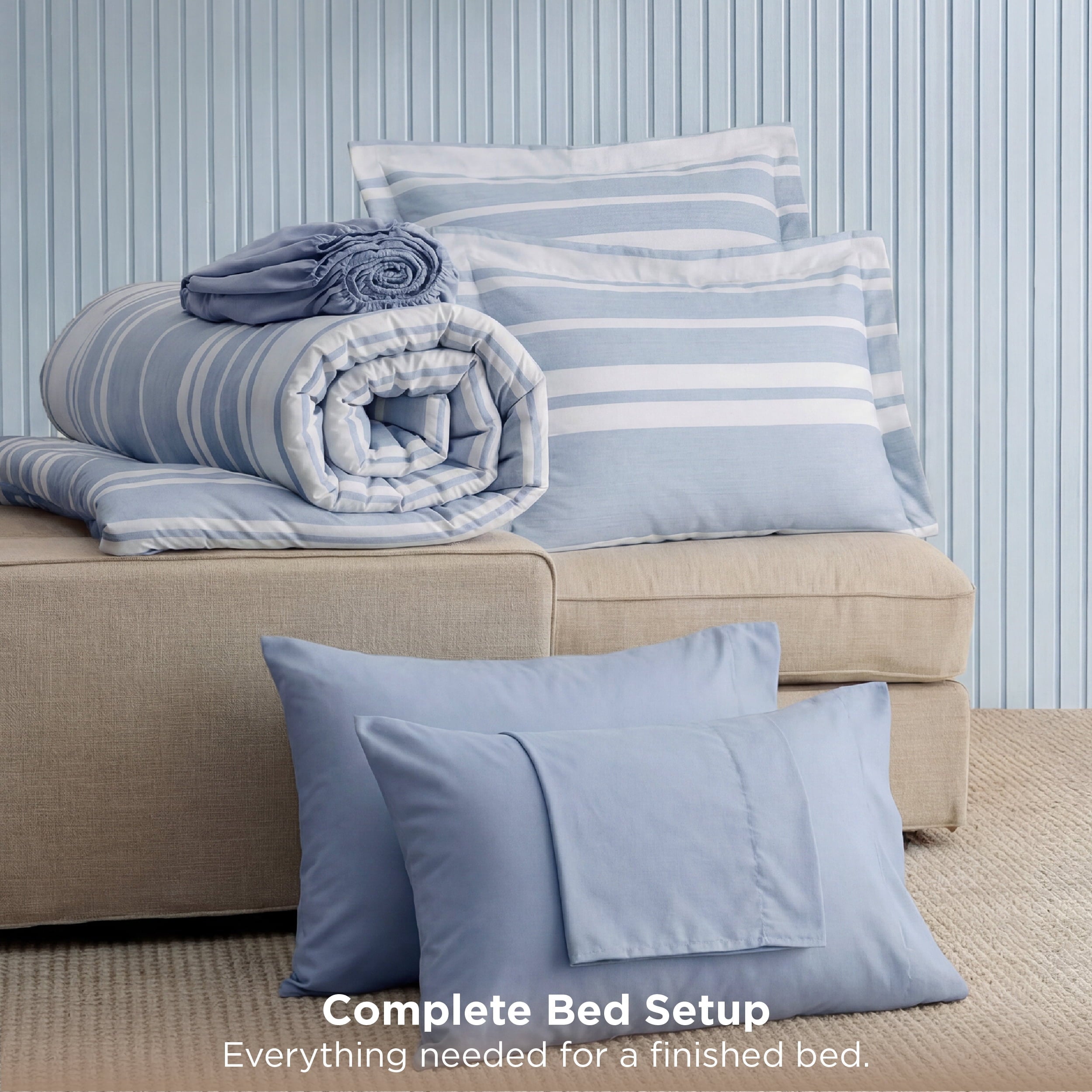 Fluffy Down Alternative Queen Comforter Set Blue, Bed in a Bag Queen Size Bedding 7-Pieces, Striped Bedding Set for All Seasons - Luxurious Quilted Duvet Cover Set Detail