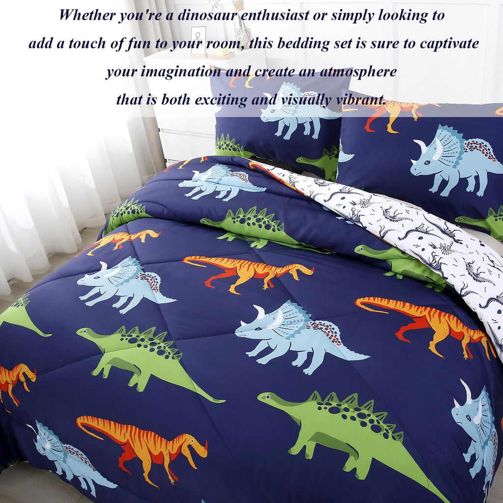 Luxurious Quilted 3 Pcs Dinosaur Twin Size Bedding Sets for Boys, Dinosaur Printing Boys Comforter Set, Blue and White Reversible Bed C... - Luxurious Quilted Duvet Cover Set Detail