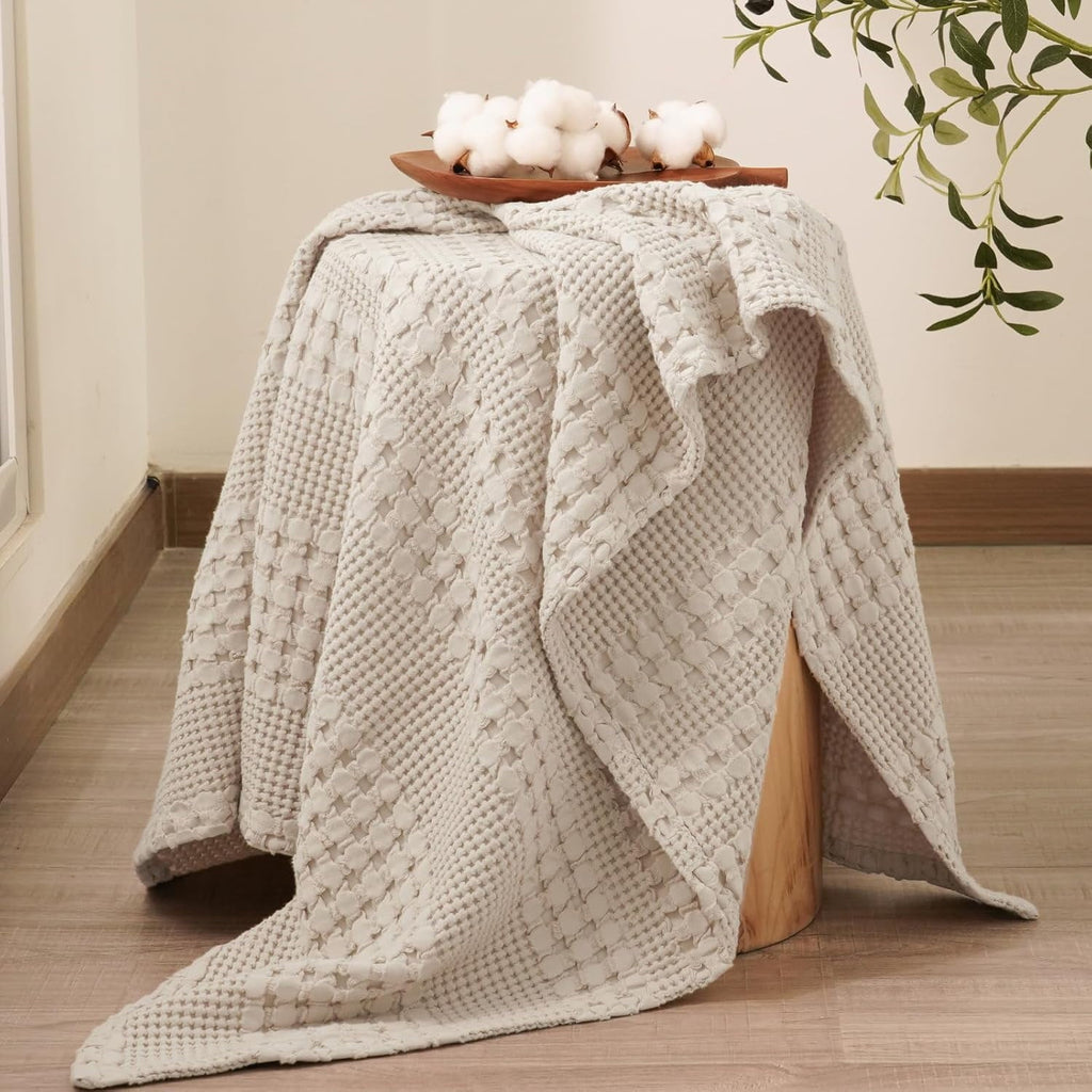 Reversible Sherpa 100% Cotton Waffle Weave Blanket, Lightweight Throw Washed Blanket for Bed Sofa Home Decor, Oatmeal, 50"x60" - Luxury Knitted Decorative Throw Blanket with Fringes Detail