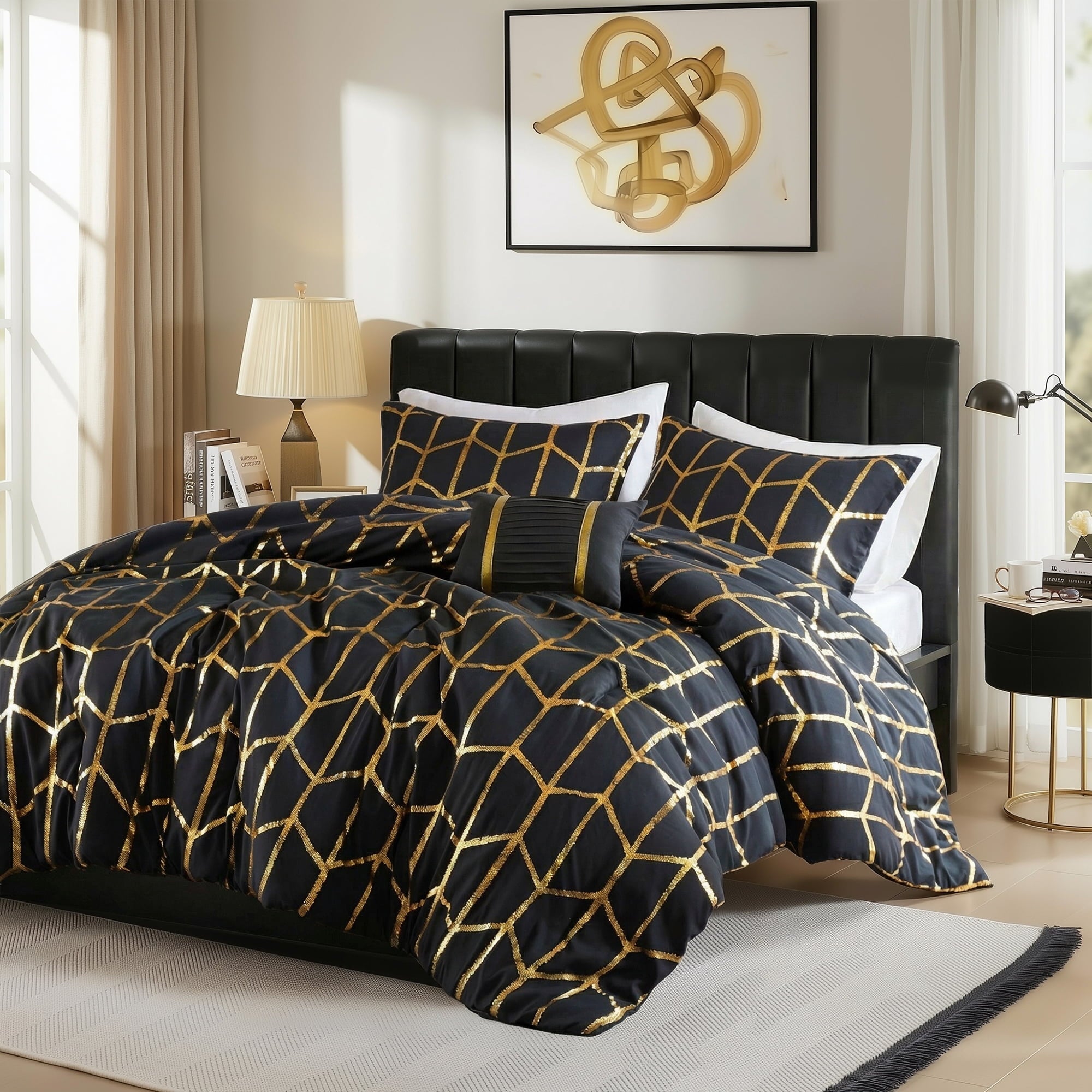 Heavyweight Warmth Full/Queen Size Comforter Set, 4-Piece Bedding Set for All Seasons, Geometric Metallic Comforter Bed Set with Decor P... - Hypoallergenic Ultra-Fluffy Quilt for Winter Detail