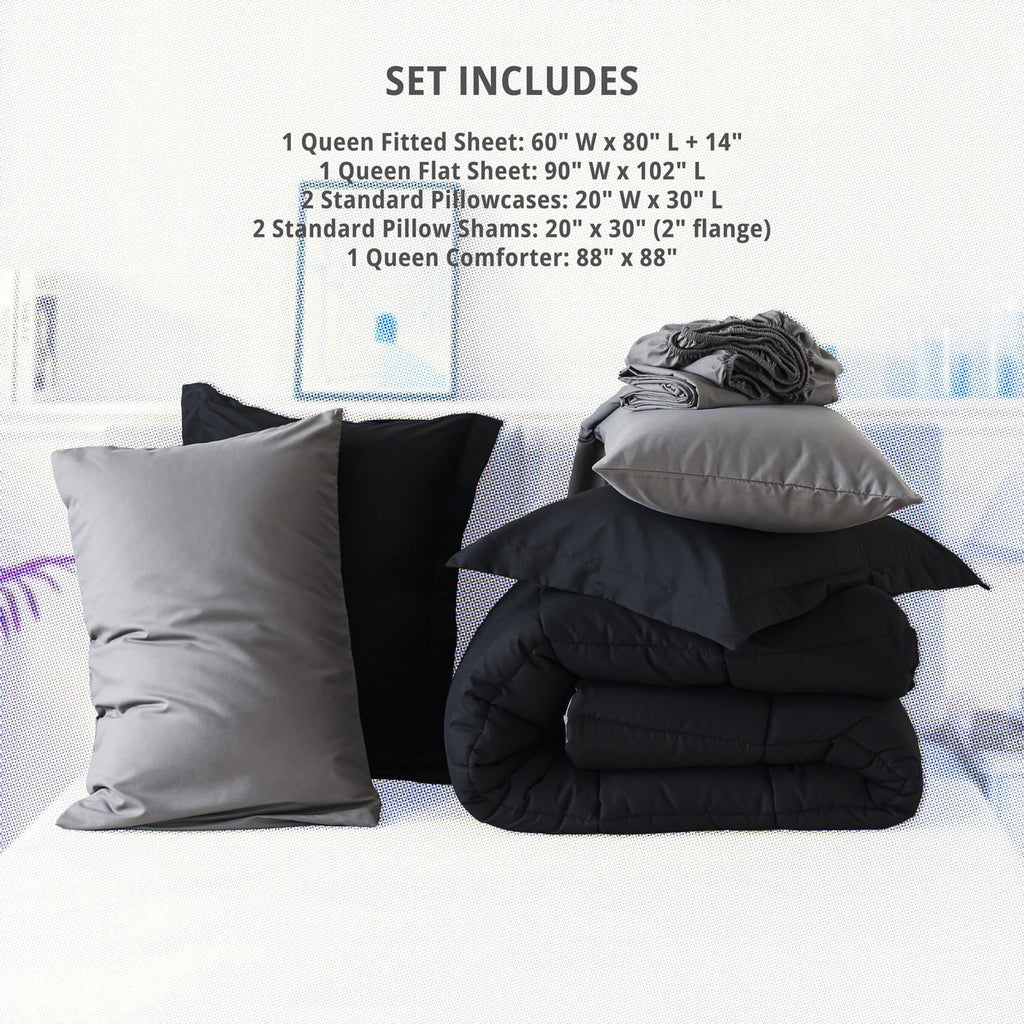 Heavyweight Warmth Queen Size 7 Piece Comforter Set | Bed in a Bag for Unisex Adult | Black/Gray - Luxurious Quilted Duvet Cover Set Detail