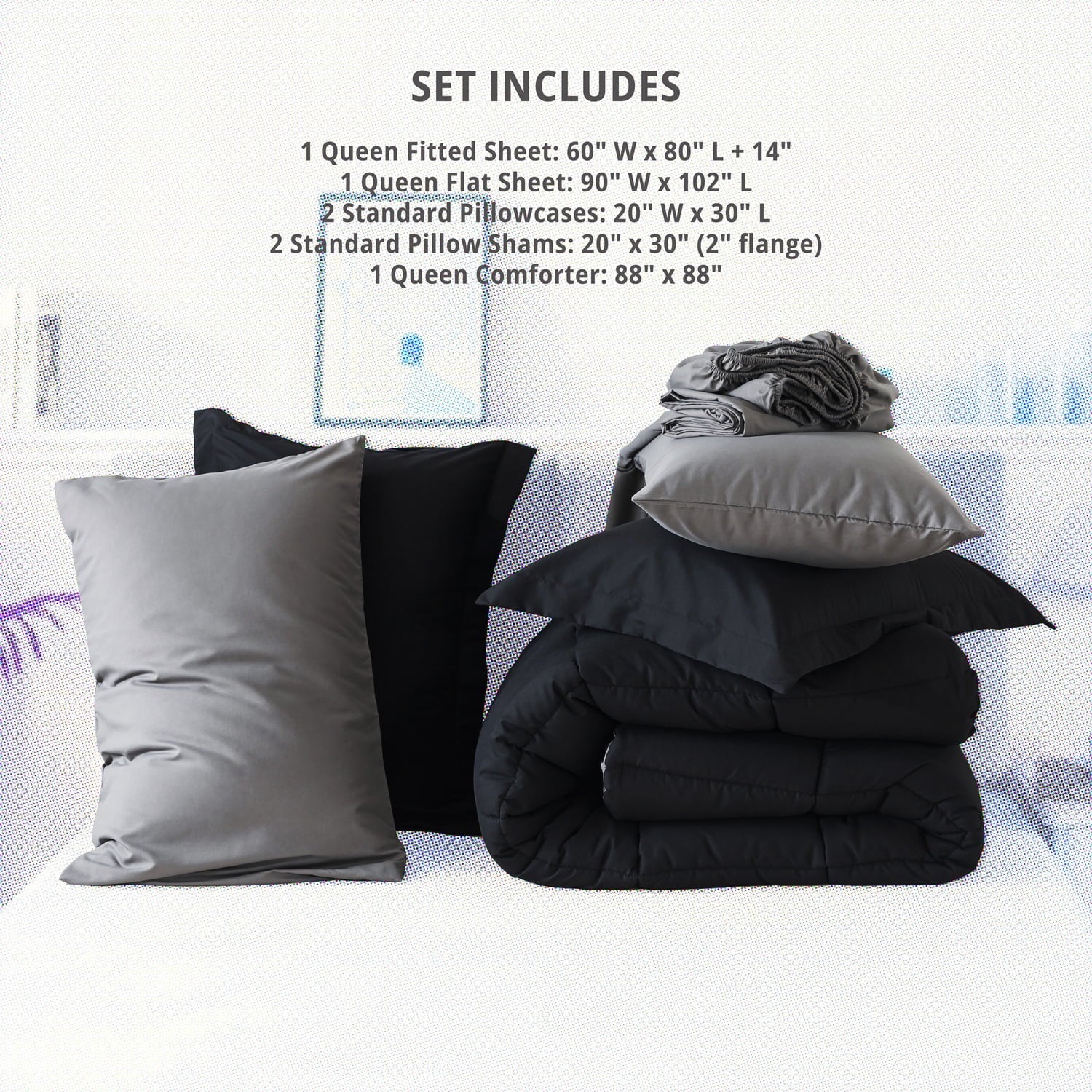 Heavyweight Warmth Queen Size 7 Piece Comforter Set | Bed in a Bag for Unisex Adult | Black/Gray - Luxurious Quilted Duvet Cover Set Detail