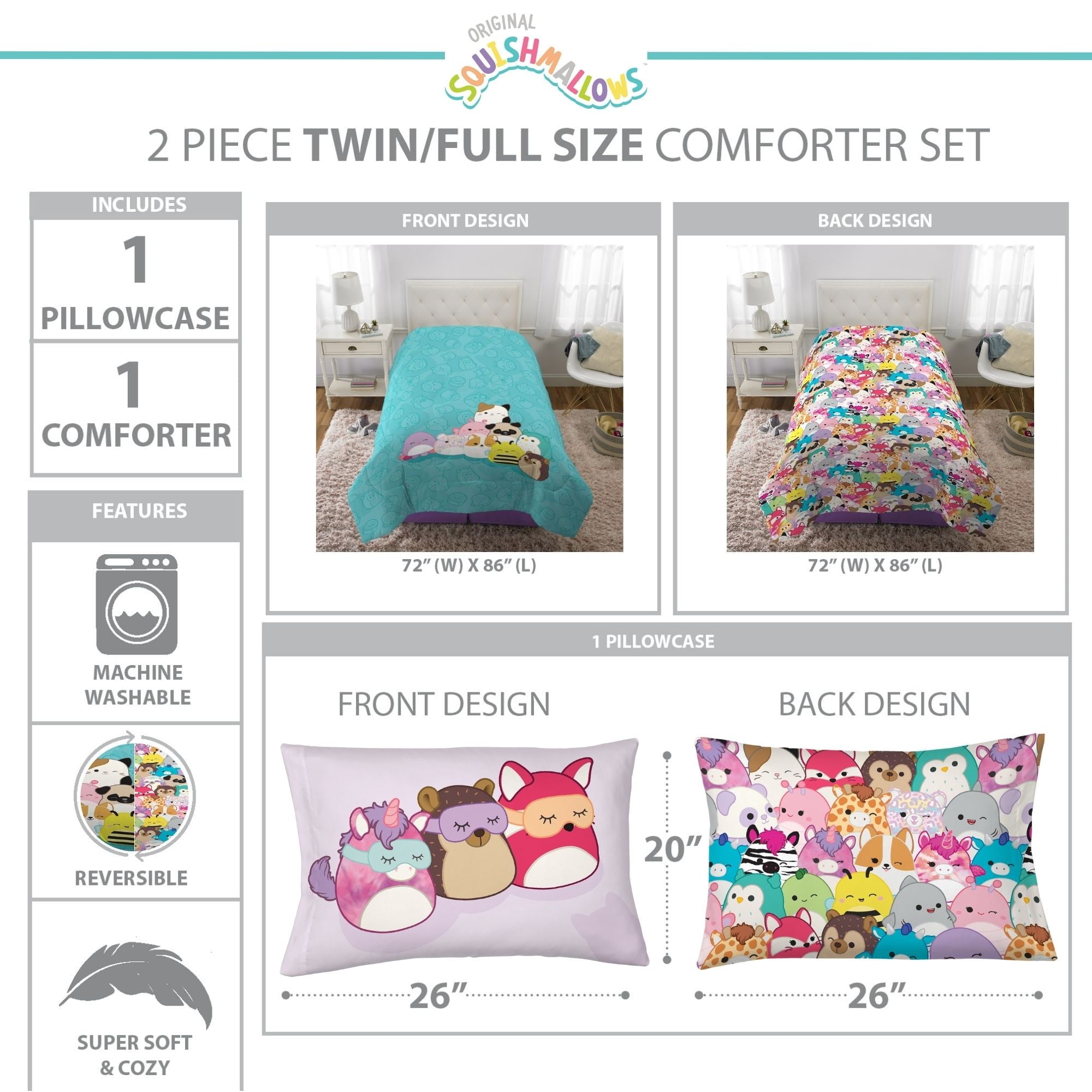 Hypoallergenic Cloud Squishmallows Kids 2 Piece Teal Blue Reversible Comforter and Pillowcase set, Twin/full - Hypoallergenic Ultra-Fluffy Quilt for Winter Detail