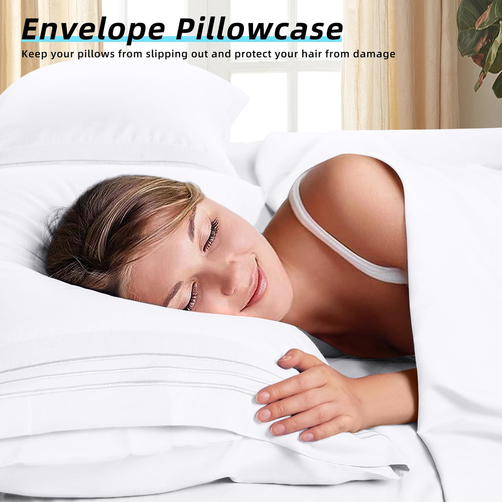 Premium Egyptian Cotton Bed Sheets Set, Microfiber Deep Pocket 4 Pieces Luxury Soft Sheet Set, Queen, White - Breathable Egyptian Cotton Flat & Fitted Sheets Detail