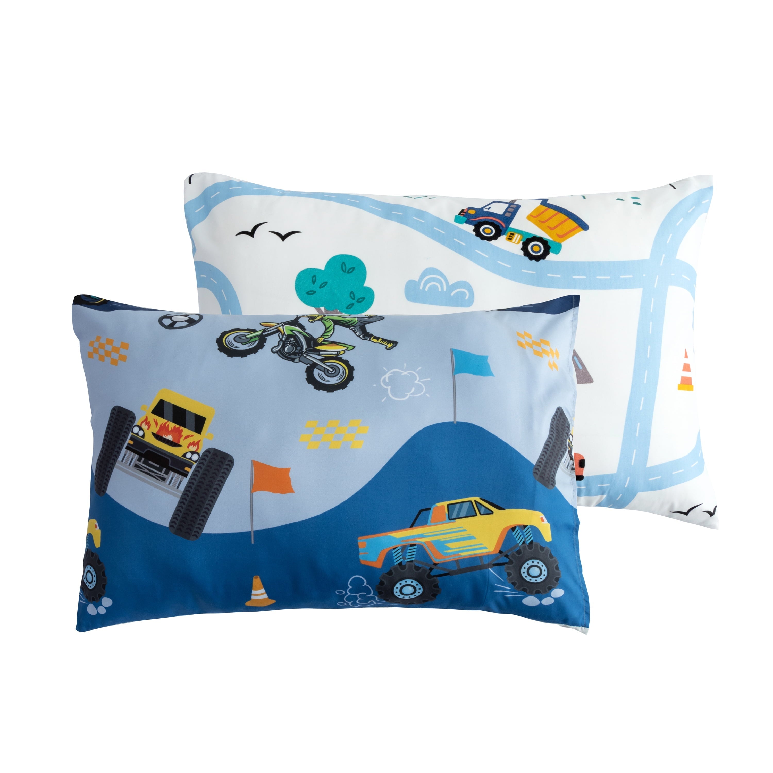 Heavyweight Warmth 3Pcs Reversible Construction Truck Twin Comforter Set for Boys Kids Excavator Vehicle Motorcycle Bedding Set Blue - All-Season Down Alternative Comforter Insert Detail