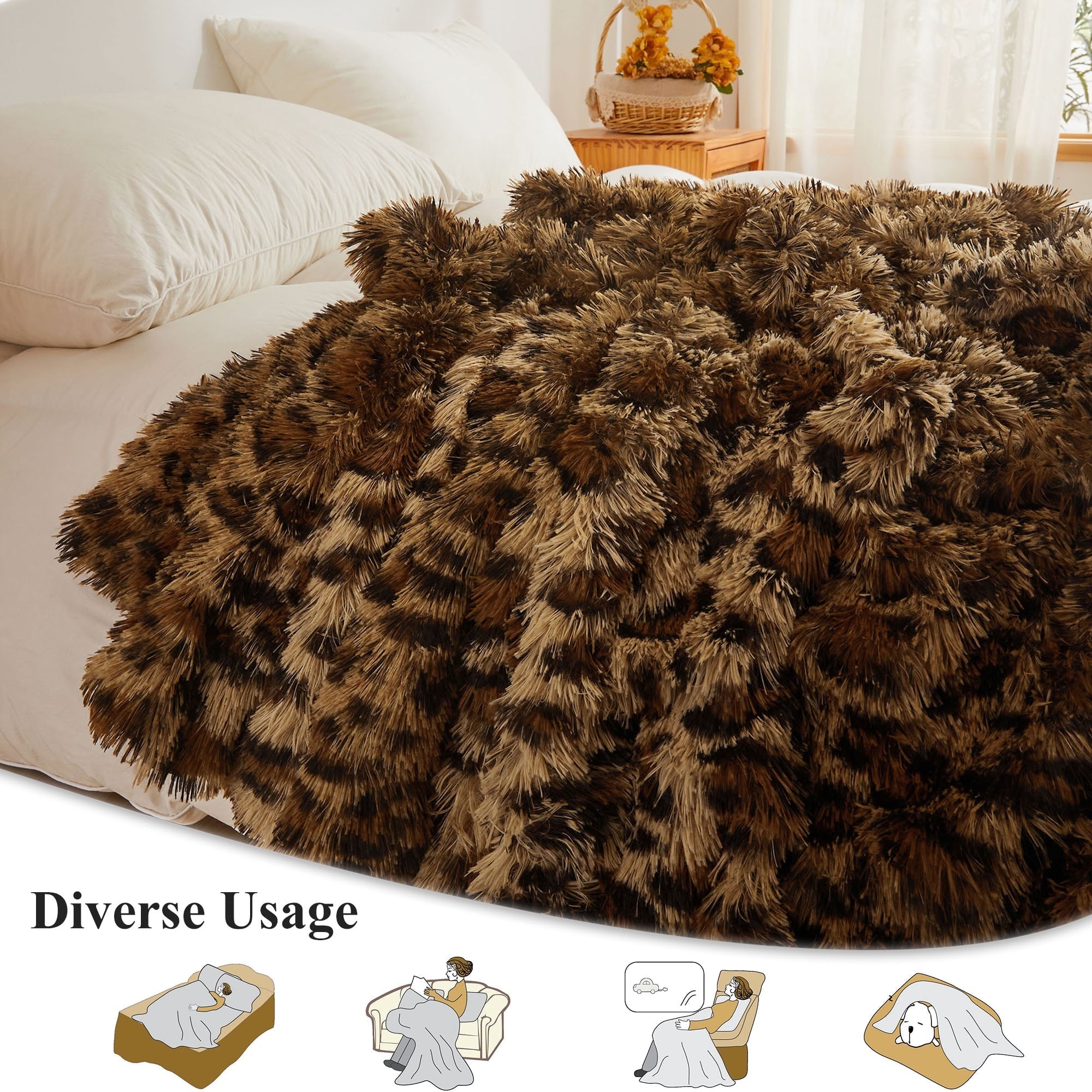 Super Soft Flannel Luxury Faux Fur Leopard Print Throw, Soft 50x60 Cheetah Print Fluffy Blanket, Shaggy Plush Decorative Couch Throw, Cu... - Lightweight Plush Warm Blanket for All Seasons Detail