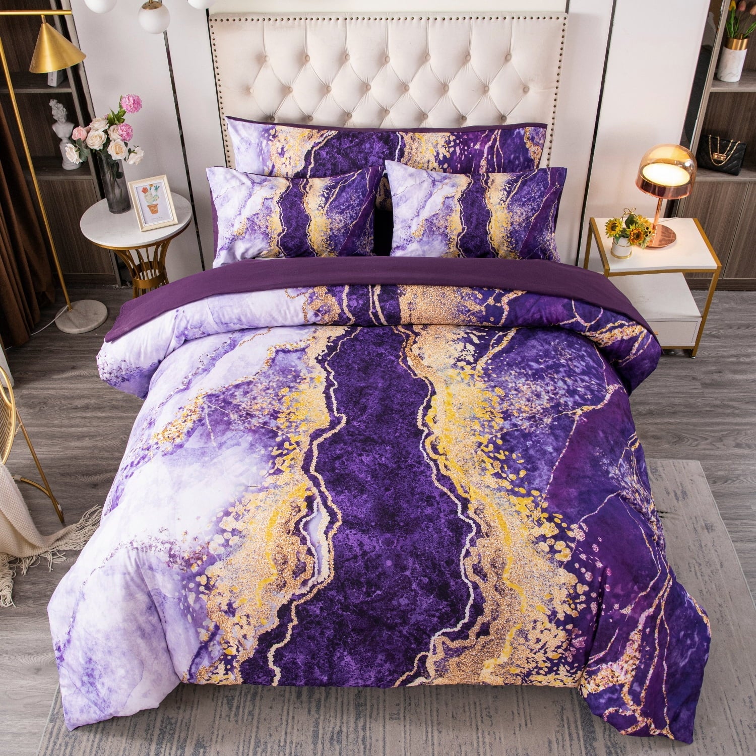 Hypoallergenic Cloud 6 Pieces Queen Size Comforter Set Purple,Watercolor Marble Colorful Purple Bedding,Ultra Soft Purple Bed Set with Com... - All-Season Down Alternative Comforter Insert Detail
