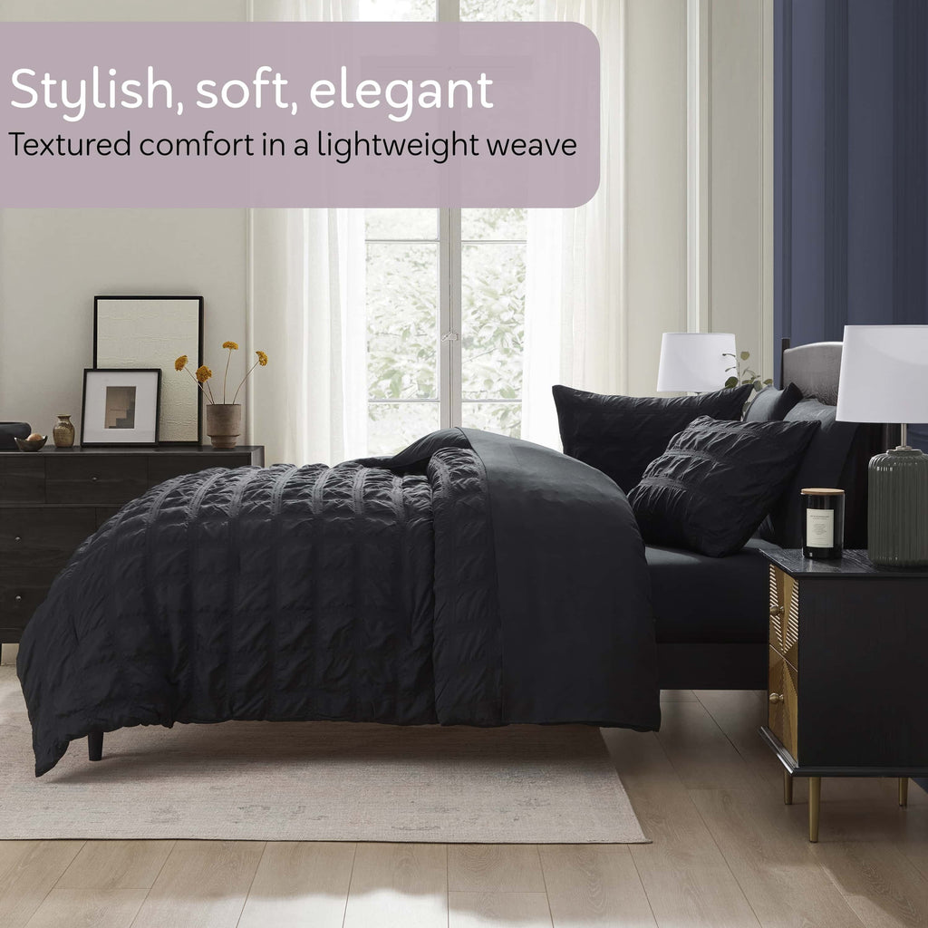 Fluffy Down Alternative Queen Comforter Set, Seersucker Queen Size Comforter Set, 7-Pc All Season Bedding Comforter Set, Black - Hypoallergenic Ultra-Fluffy Quilt for Winter Detail