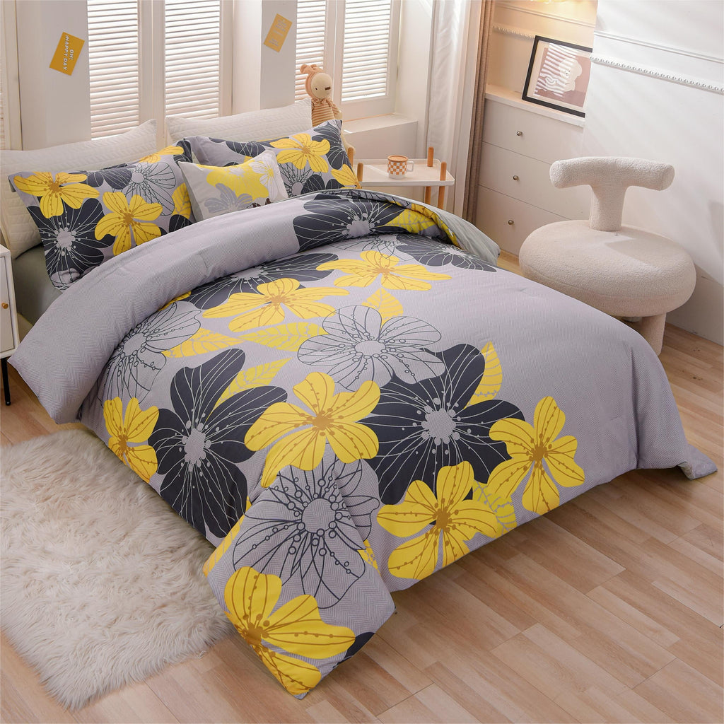 Fluffy Down Alternative Yellow Floral Comforter Set Queen Flower Bed Set Adult Soft Botanical Boho Bedding Set - Luxurious Quilted Duvet Cover Set Detail
