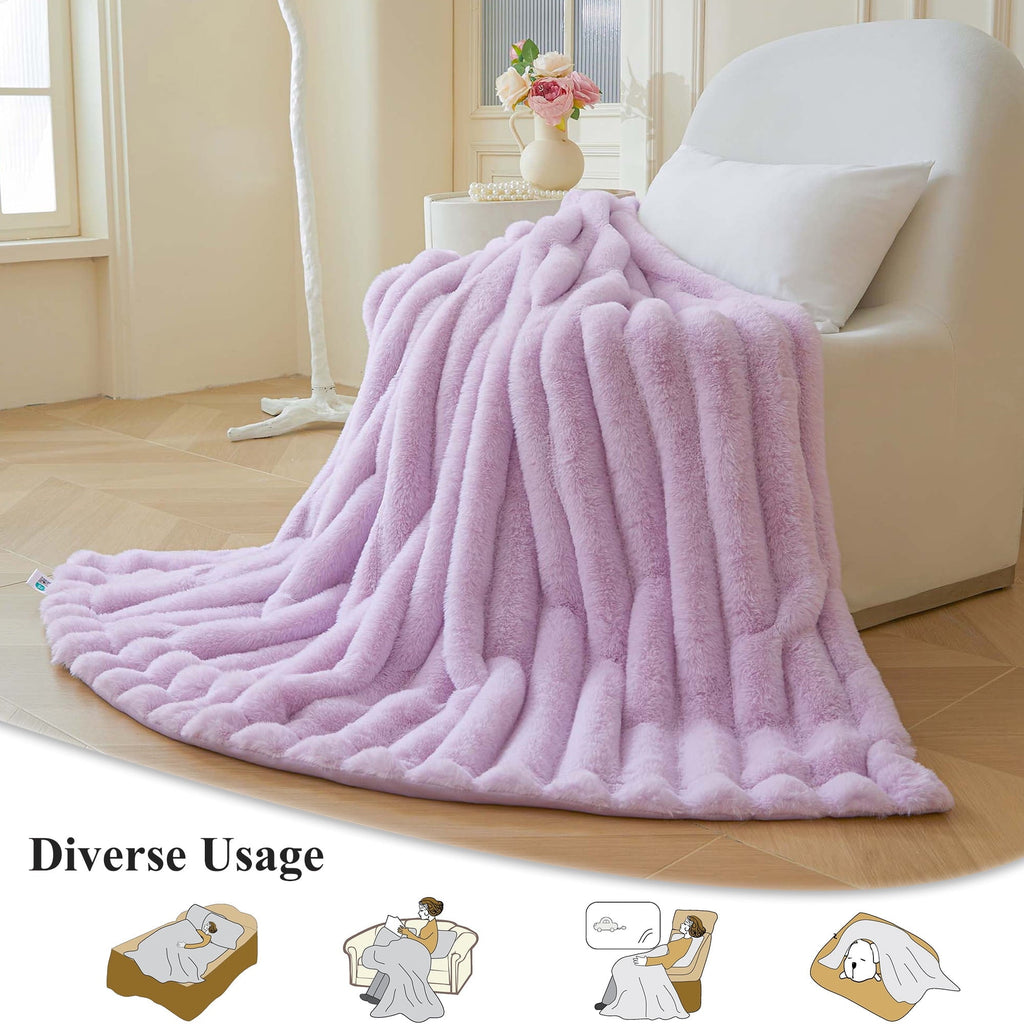 Lightweight Warm Fluffy Faux Rabbit Fur Throw, Cozy Wide Stripe Plush Fuzzy Blanket for Bed Couch Sofa Chair, Light Purple Shaggy Thro... - Cozy Fleece Throw Blanket for Couch & Bed Detail