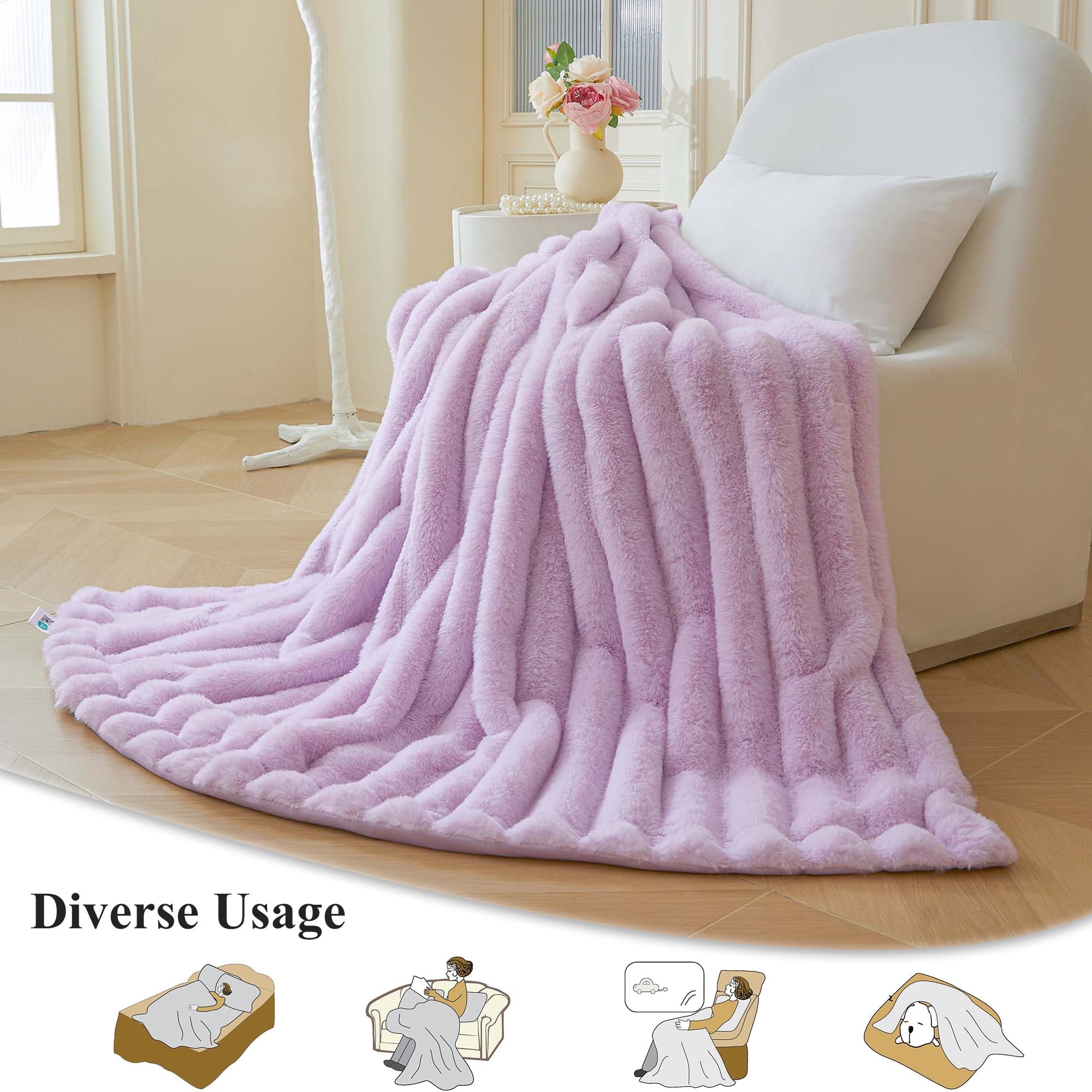 Lightweight Warm Fluffy Faux Rabbit Fur Throw, Cozy Wide Stripe Plush Fuzzy Blanket for Bed Couch Sofa Chair, Light Purple Shaggy Thro... - Cozy Fleece Throw Blanket for Couch & Bed Detail