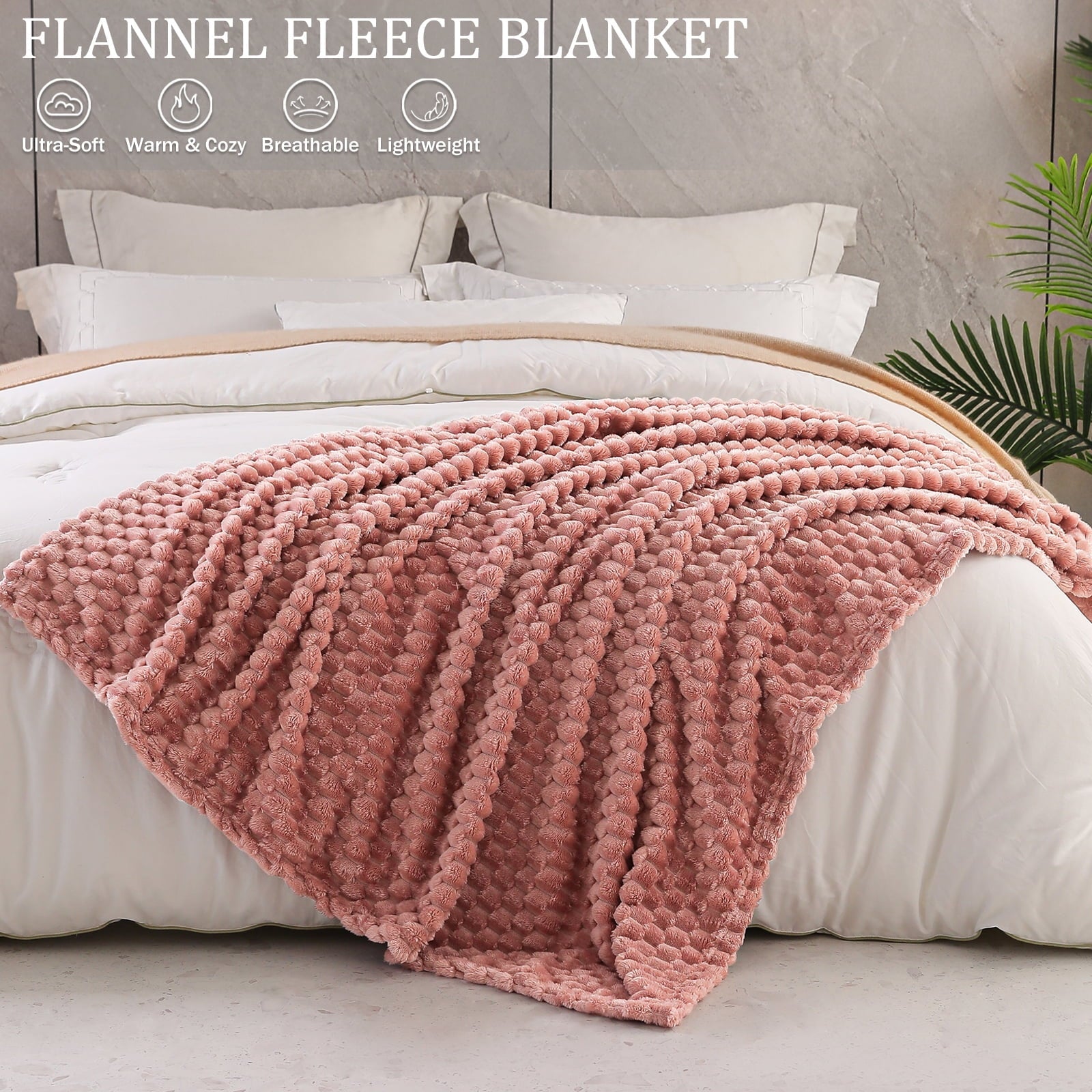 Lightweight Warm Large Soft Fleece Throw Blanket, 50"x70" Stylish Jacquard Throw Blanket for Couch, Cozy, Warm, Lightweight Dusty Pink... - Super Soft Reversible Sherpa Flannel Blanket Detail