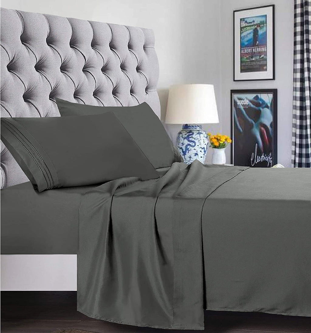 Cooling Sateen 4 Pieces Bed Sheet set Flat,Fitted,Pillowcase , Queen Grey - Breathable Egyptian Cotton Flat & Fitted Sheets Detail
