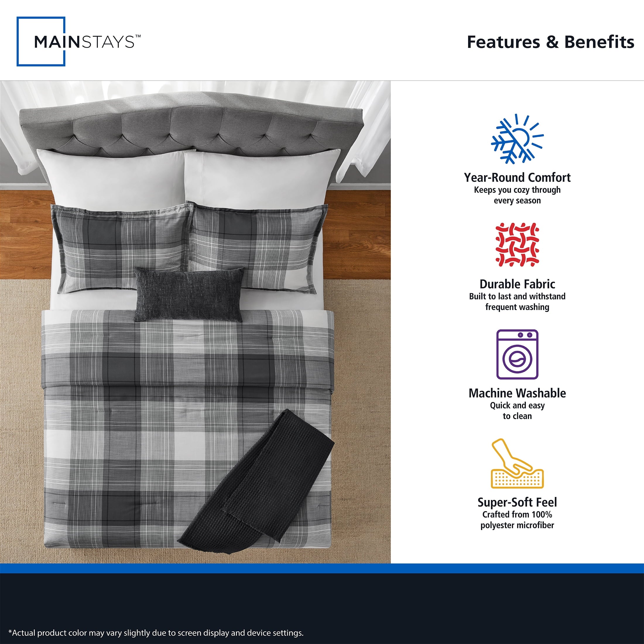 Fluffy Down Alternative Full/Queen Comforter Set, All-Season, 5-Piece, Grey Plaid - Hypoallergenic Ultra-Fluffy Quilt for Winter Detail