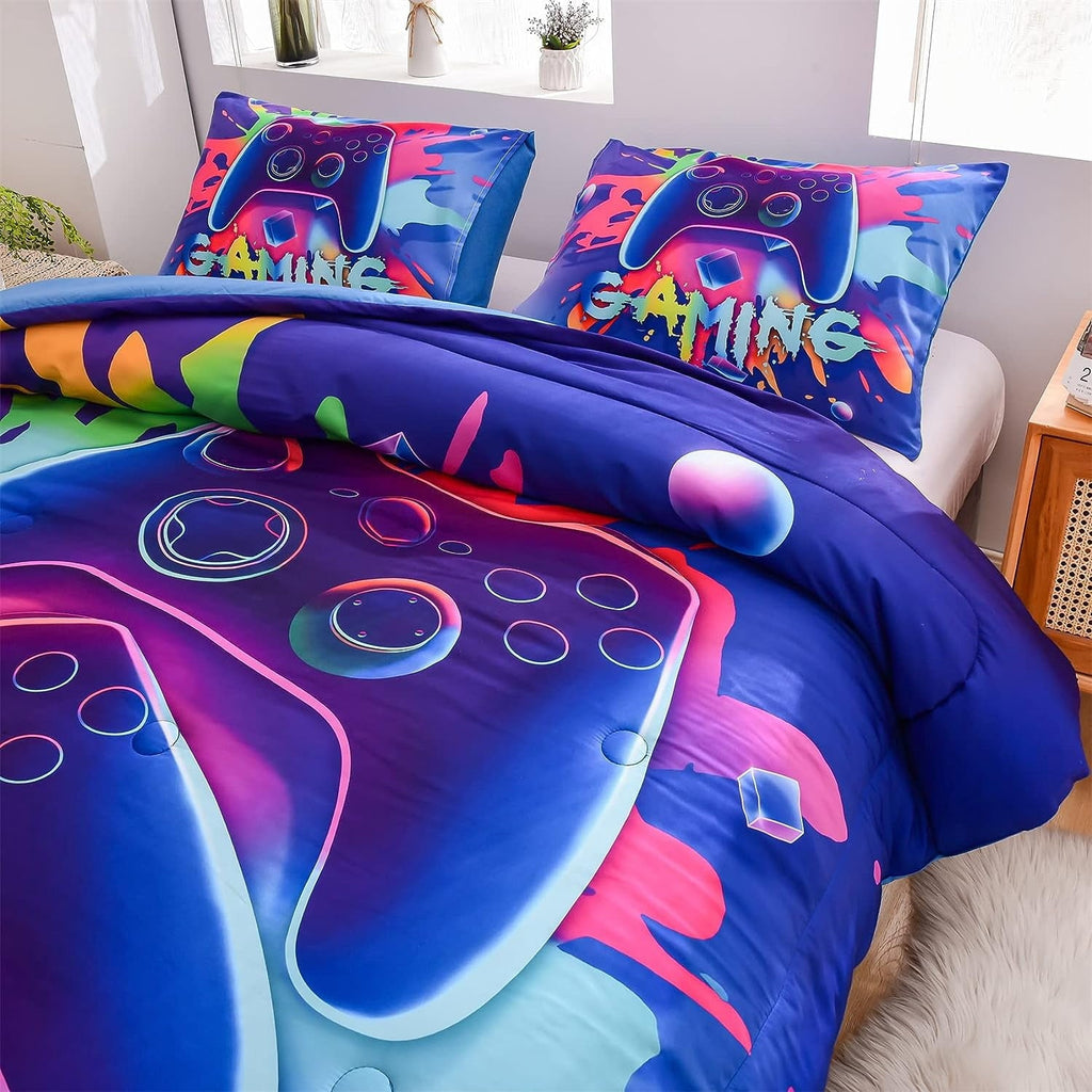 All-Season Purple Queen Gaming Comforter Sets for Boys Kids Bedding Sets Colorful Games Console Gamer Quilt Set - Hypoallergenic Ultra-Fluffy Quilt for Winter Detail