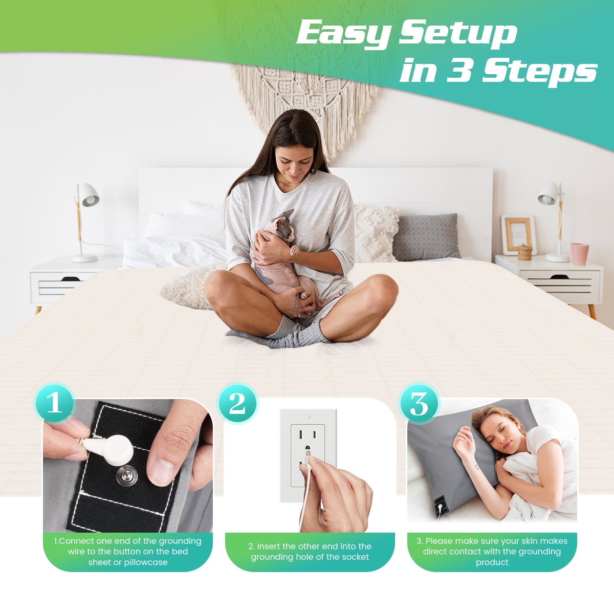 Ultra-Soft Conductive Grounding Bed Sheets for Better Sleep with 15ft Cord 10% Pure Silver Fiber 27x52in Gray - Breathable Egyptian Cotton Flat & Fitted Sheets Detail