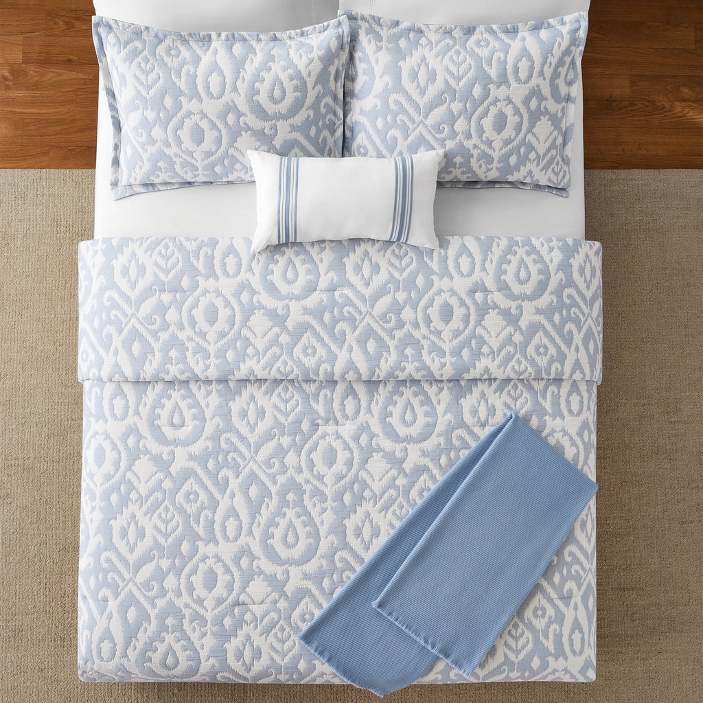 Heavyweight Warmth Full/Queen Comforter Set, All-Season, 5-Piece, Blue Matelasse Ikat - Luxurious Quilted Duvet Cover Set Detail
