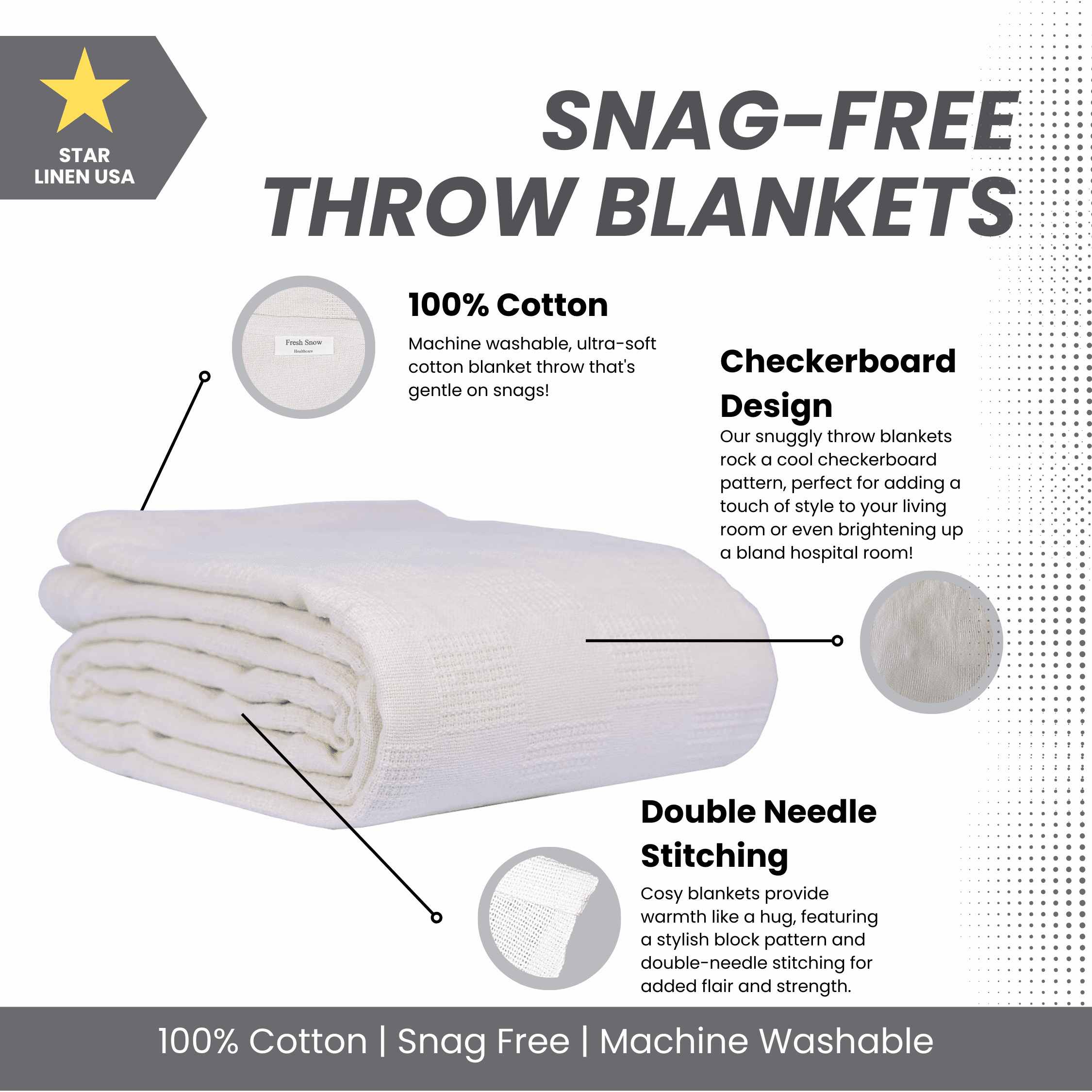 Super Soft Flannel Hospital Thermal Blanket Throw Snag Free | 100% Cotton | Twin 66"x90" | White (1) - Lightweight Plush Warm Blanket for All Seasons Detail