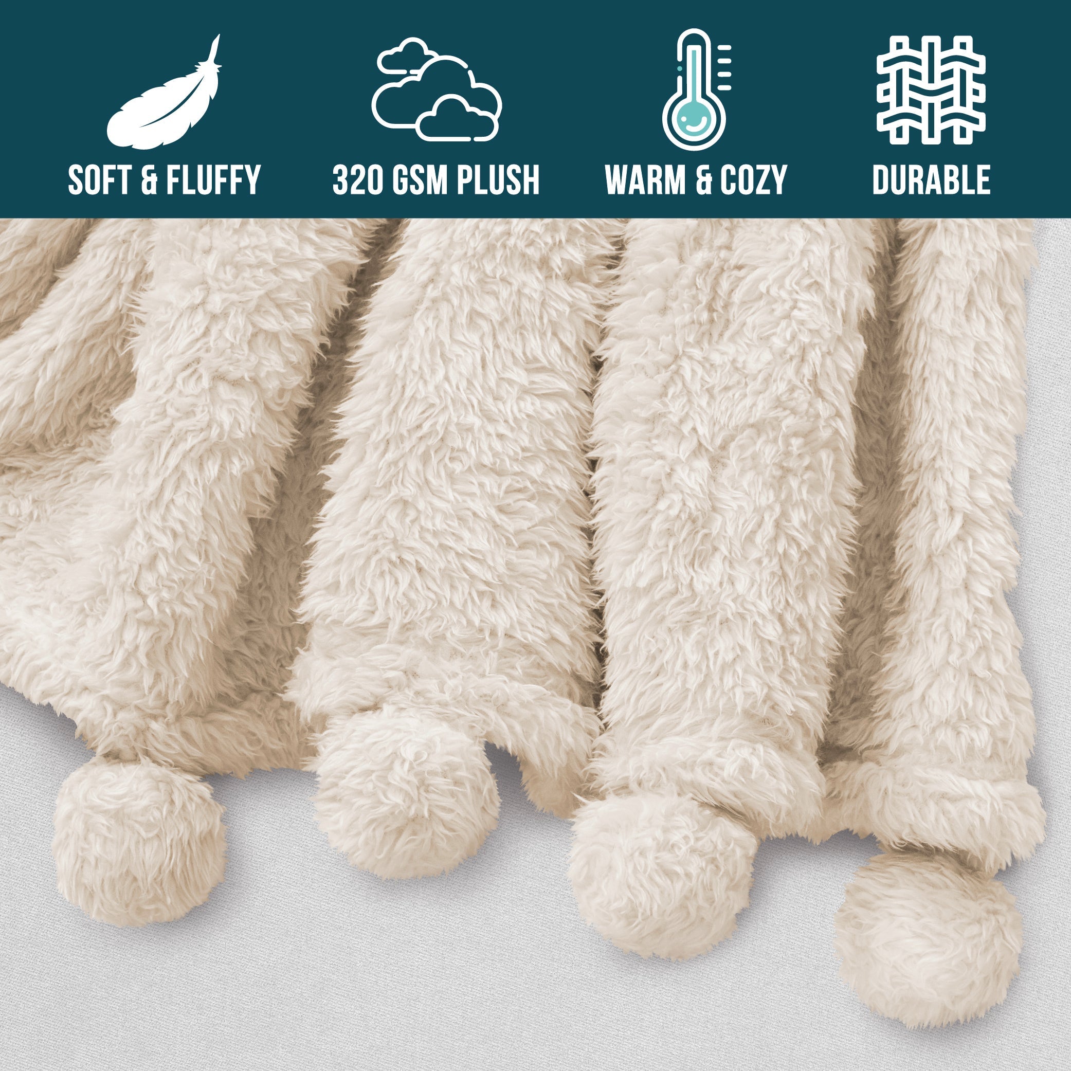 Reversible Sherpa Ivory Cream Sherpa Throw Blanket with Soft Pom Pom Fringe, Plush Cozy Warm Blankets for Couch Bed Sofa, Fuzzy Fleece ... - Luxury Knitted Decorative Throw Blanket with Fringes Detail